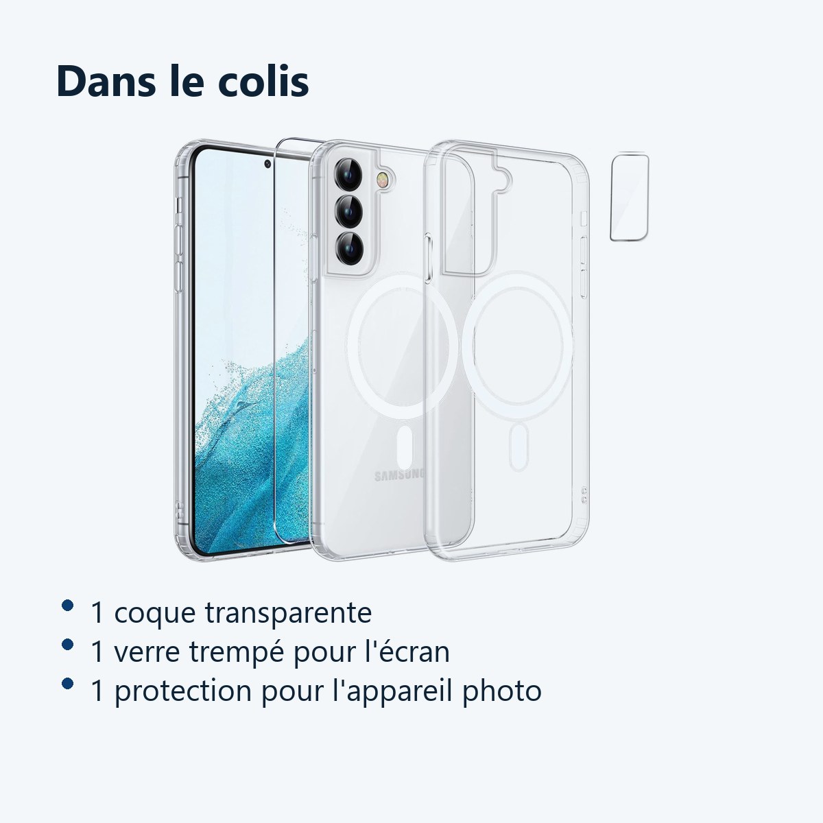 Contenu du colis – Coque Silicone Transparente Compatible Magsafe + Verre Trempes et Protection Camera Arriere Transparent Po