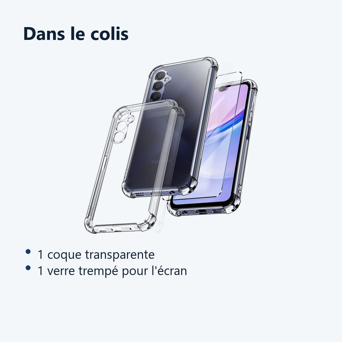 Contenu du colis – Coque Pour Samsung Galaxy A15 Silicone Transparente Angles Renforces + Verre Trempe