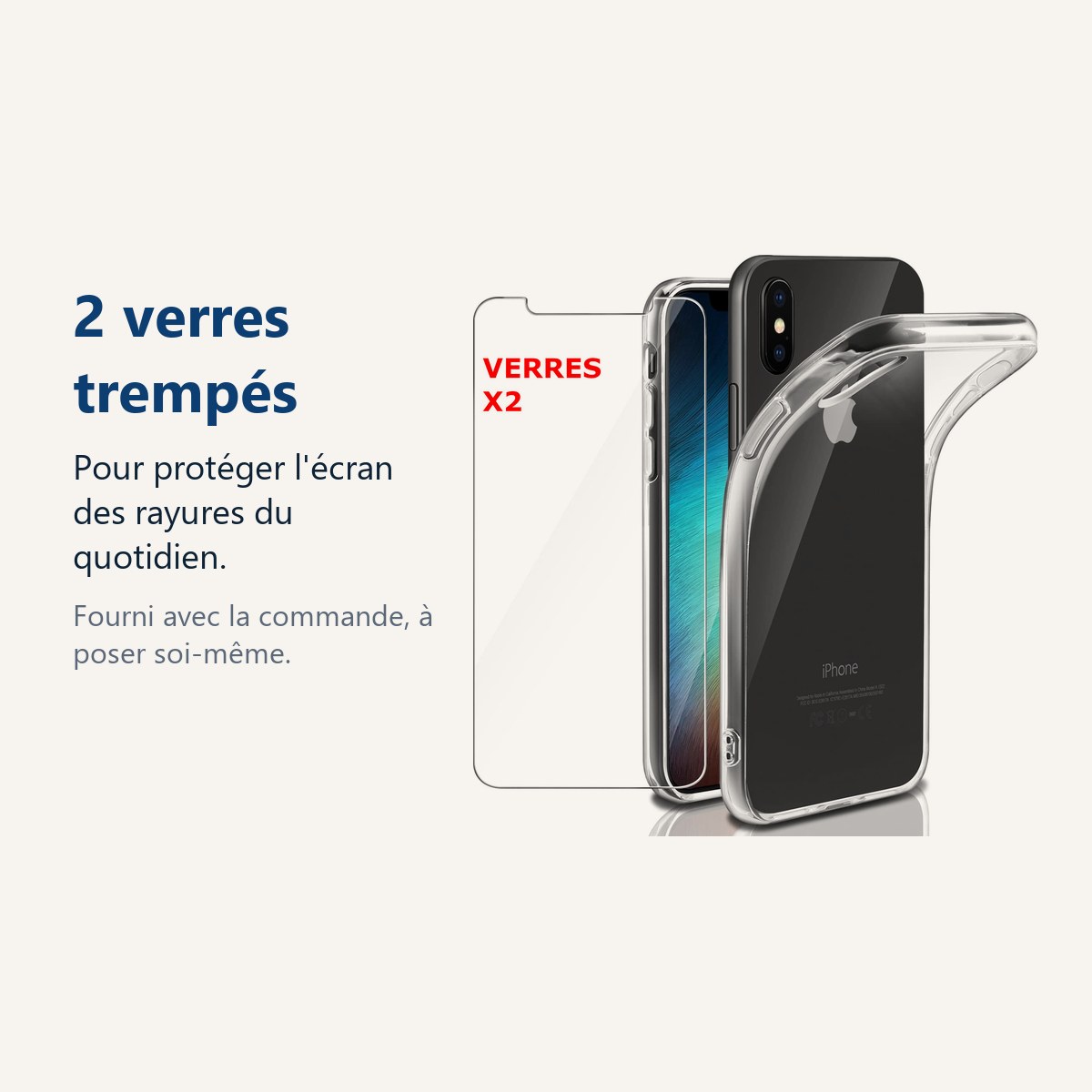 Verre trempé pour protéger lécran – Coque Silicone Transparente Pour iPhone X / Xs + 2 Verres Trempe -