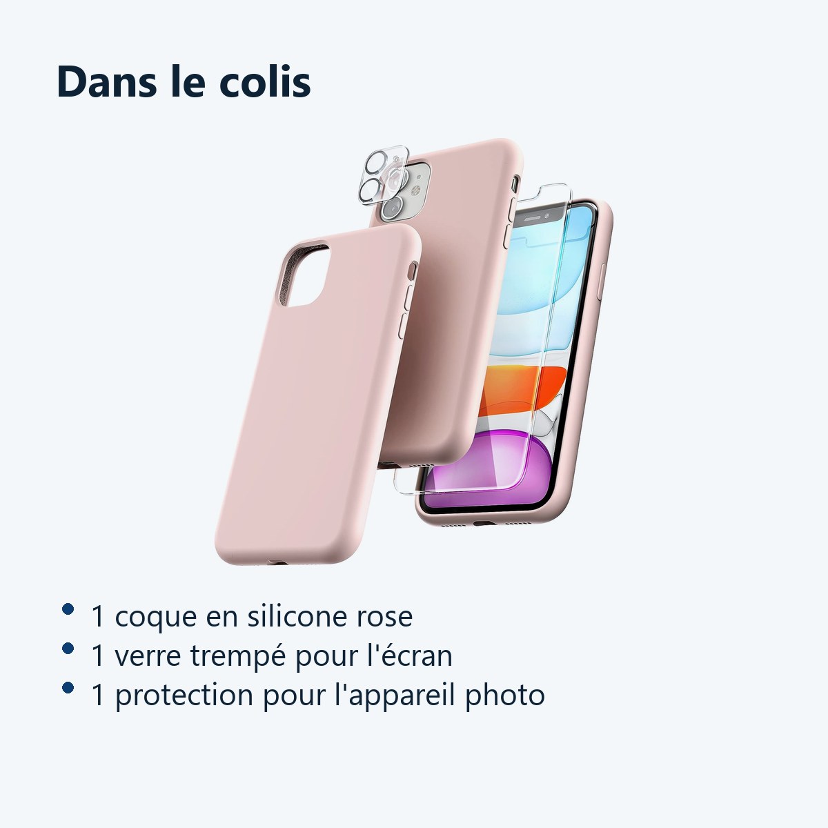 Contenu du colis – Coque Silicone Rose + Verre Trempe et Protection Camera Arriere Pour iPhone 11