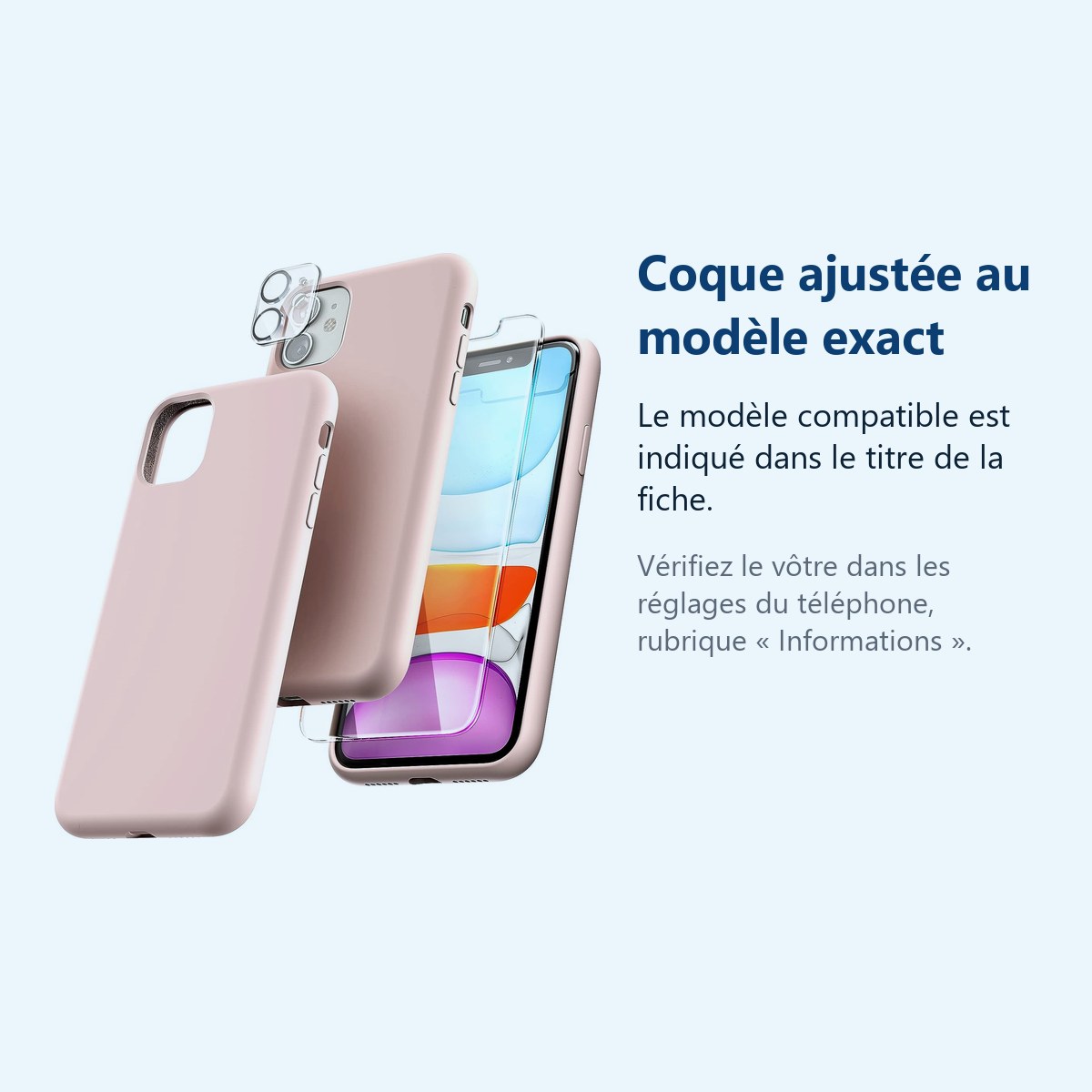 Accessoire ajusté au modèle exact – Coque Silicone Rose + Verre Trempe et Protection Camera Arriere Pour iPhone 11
