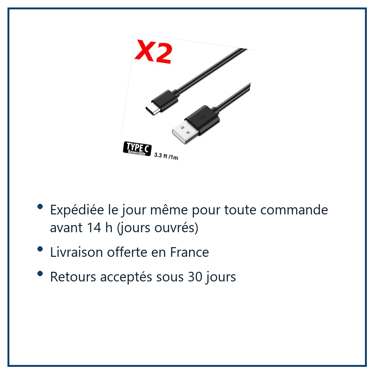 Expédition le jour même, livraison offerte, retours sous 30 jours – X2 Cable USB- Type C Chargeur Noir pour Samsung Galaxy No