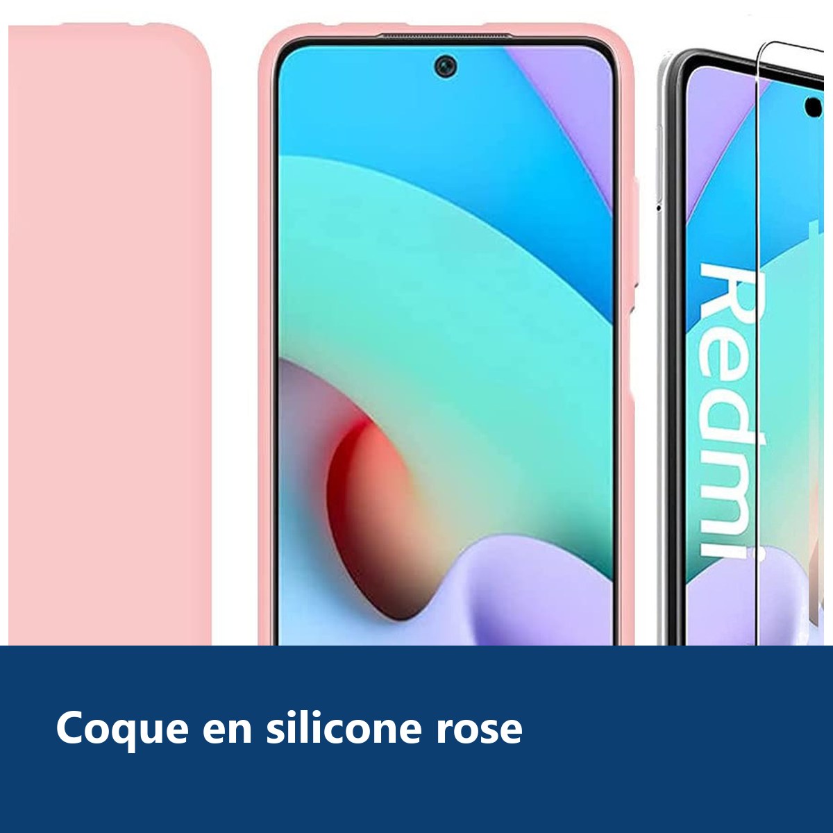 Vue de détail – Coque Silicone Rose + Verre Trempe Pour Xiaomi Redmi 10
