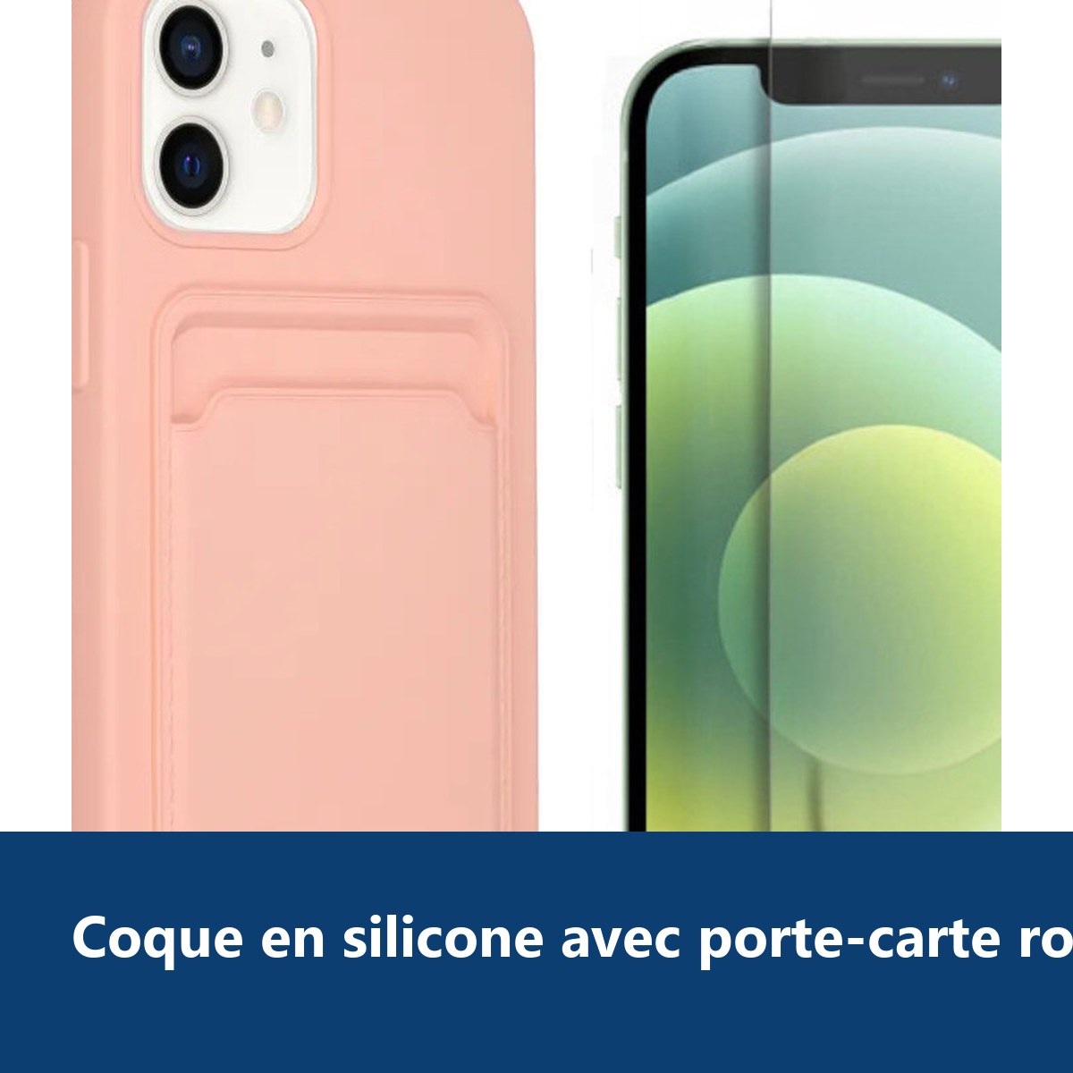 Vue de détail – Coque Silicone avec Porte Carte Rose + Verre Trempe Pour iPhone 12 / 12 Pro
