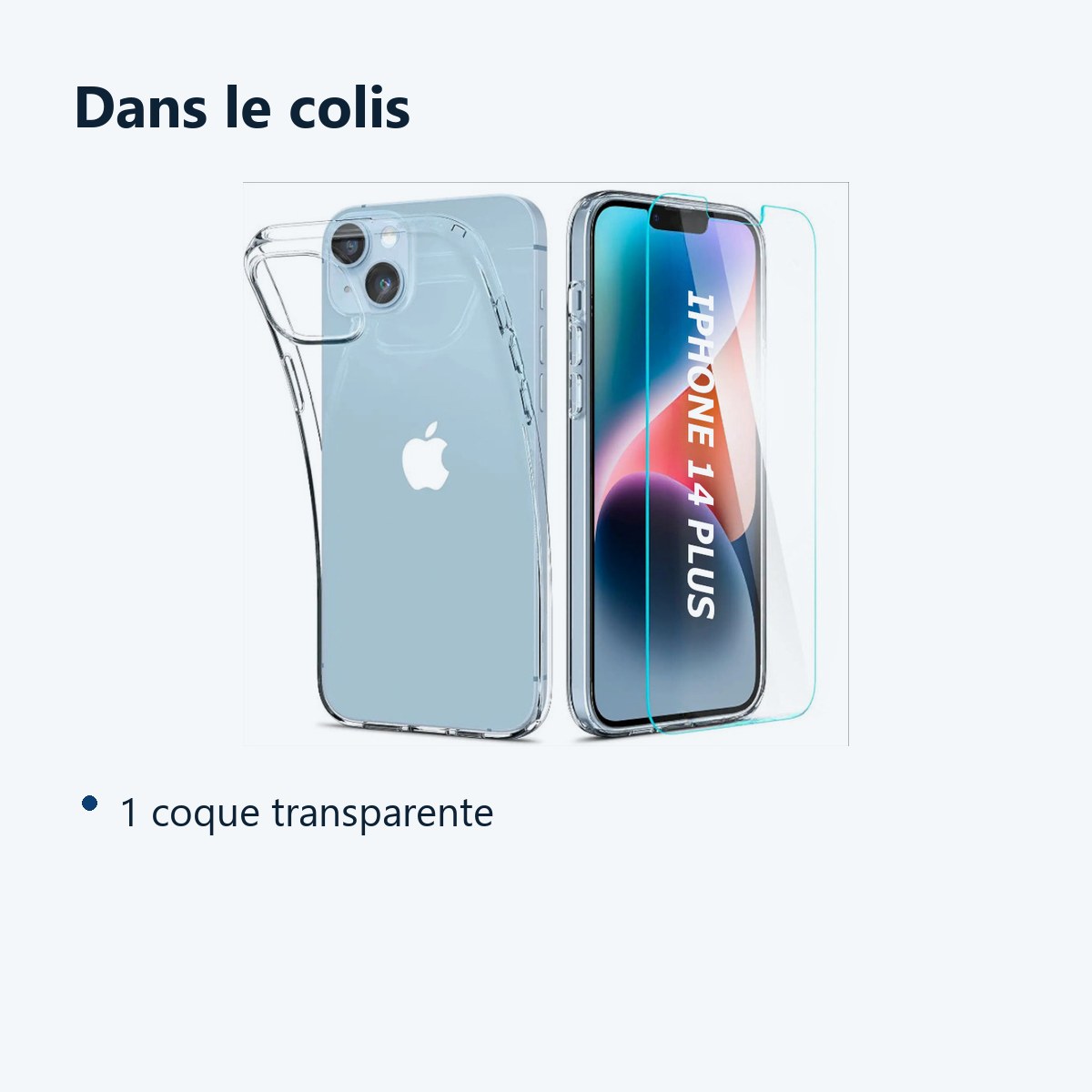 Contenu du colis – Coque Silicone Transparente + Vitre de Protection Ecran Pour Apple iPhone 14 Plus