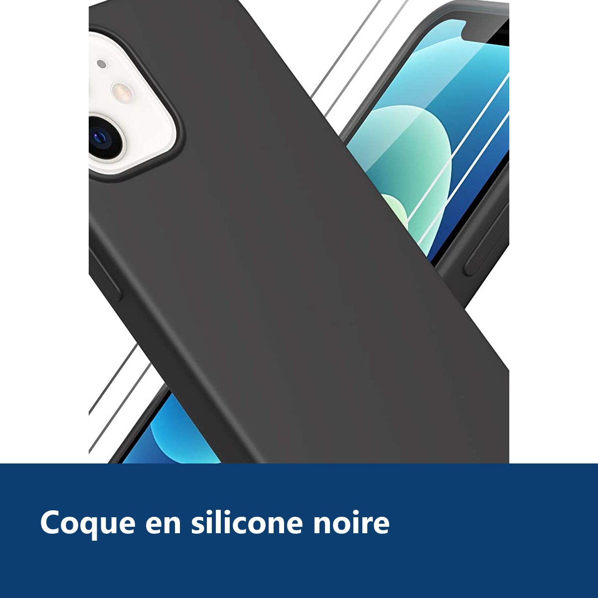 Vue de détail – Coque Silicone Noire + 2 Verres Trempes Pour iPhone 13 Pro Max