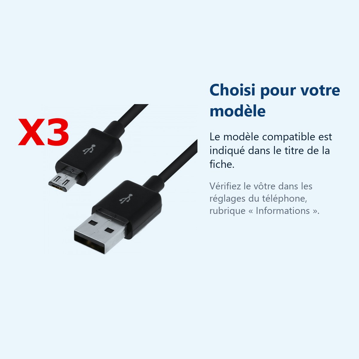Accessoire ajusté au modèle exact – X3 Cable Usb / Micro Usb Noir Pour Samsung Sony LG Wiko Huawei HTC Nokia Asus Archos Hono