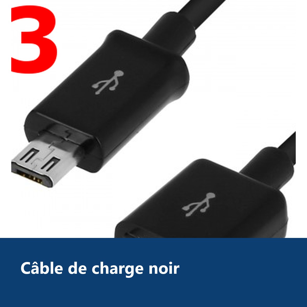 Vue de détail – X3 Cable Usb / Micro Usb Noir Pour Samsung Sony LG Wiko Huawei HTC Nokia Asus Archos Honor TEENO X3