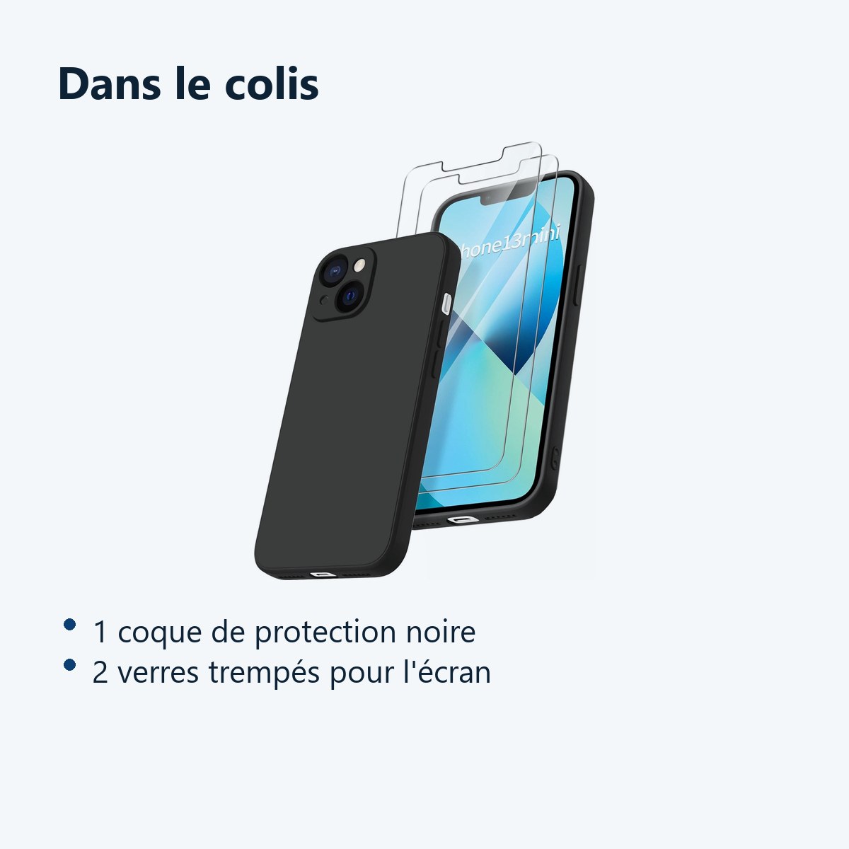 Contenu du colis – Coque Noir pour iPhone 13 Mini (5,4 pouces) et 2 Verres Trempé Film Protection Ecran