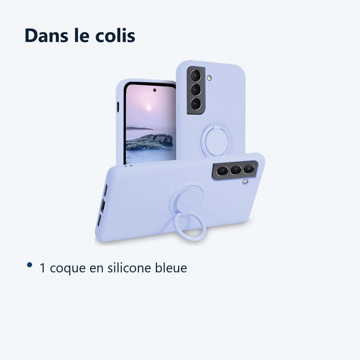 Contenu du colis – Coque Silicone Pour Samsung S21 5G Couleur Bleu Avec Anneau Support