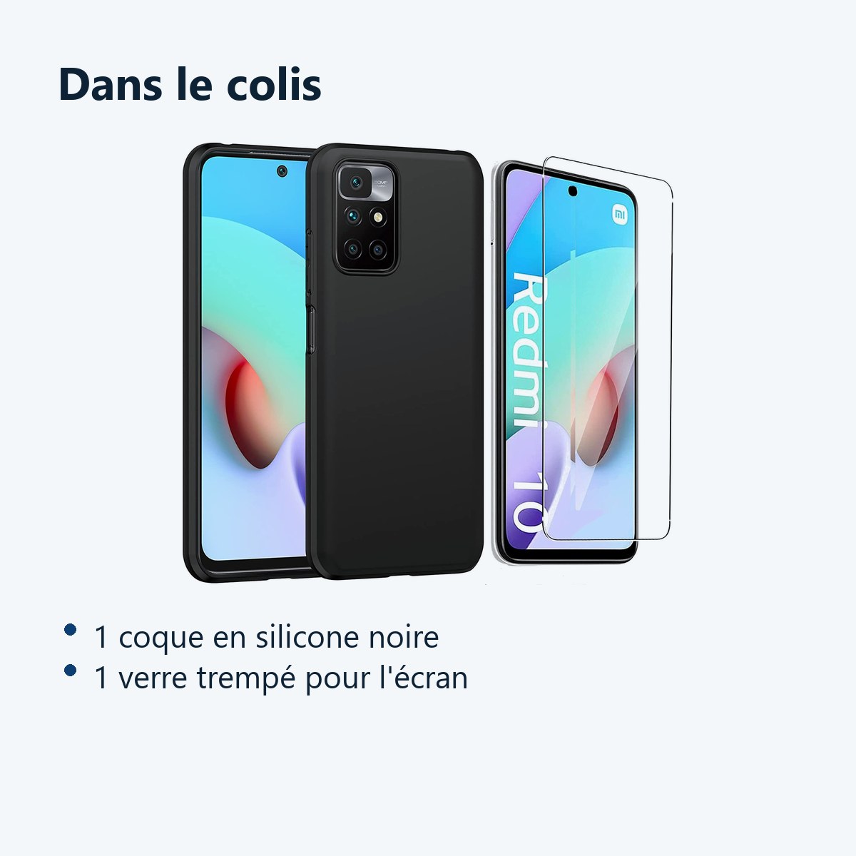 Contenu du colis – Coque Silicone Noire + Verre Trempe Pour Xiaomi Redmi 10