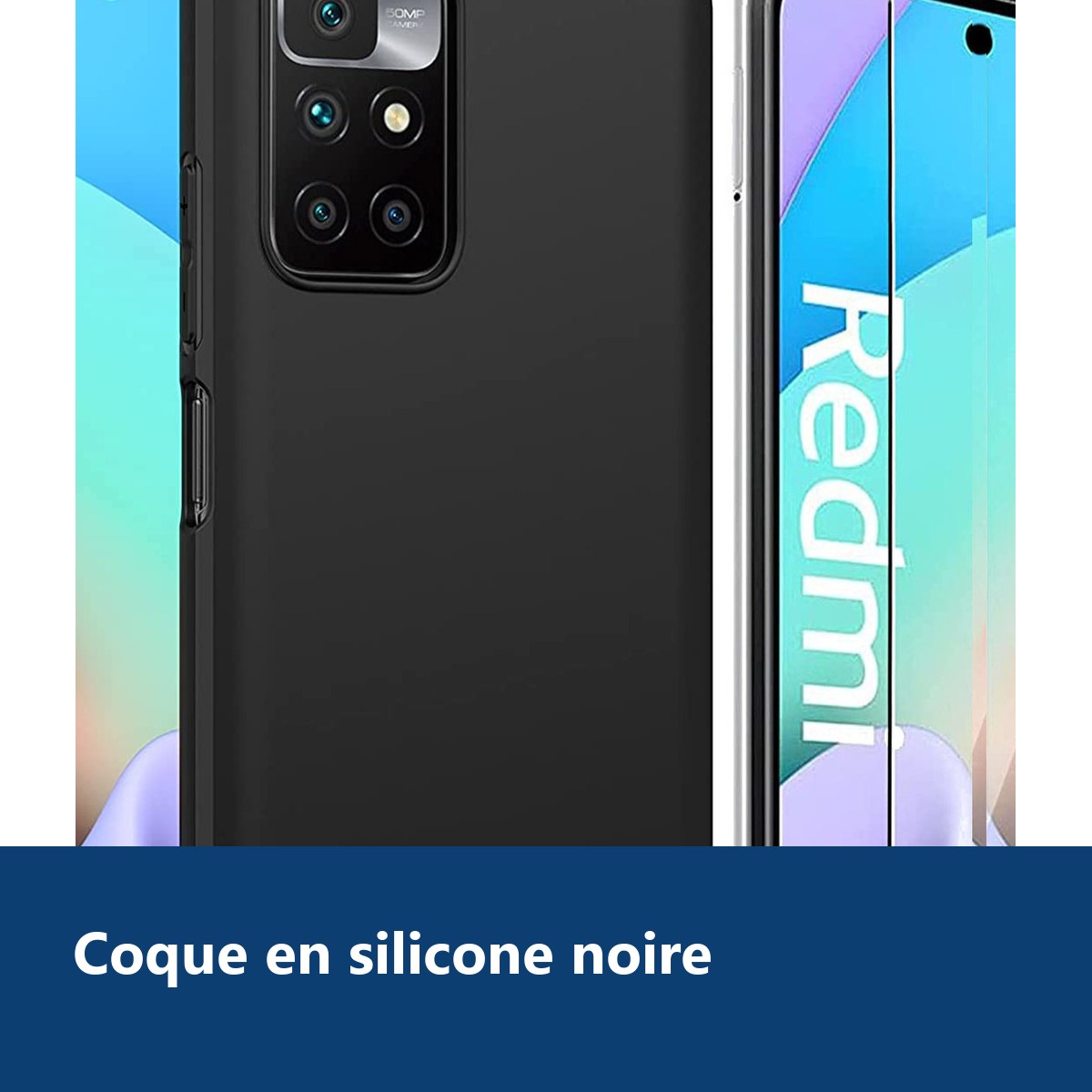 Vue de détail – Coque Silicone Noire + Verre Trempe Pour Xiaomi Redmi 10