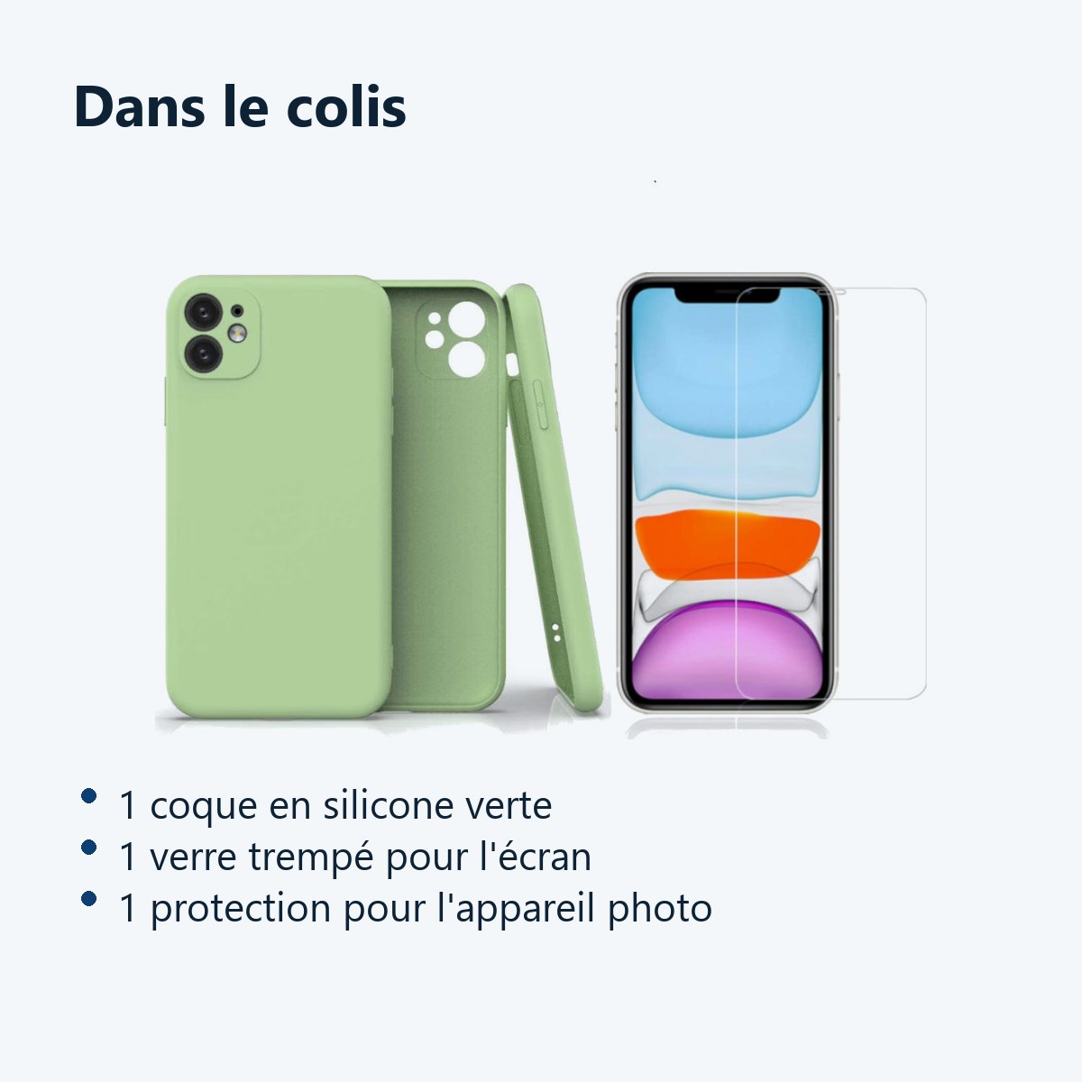 Contenu du colis – Coque Silicone Pour iPhone 12 / iPhone 12 Pro Couleur Vert Protection Objectif Appareil Photo + Verre Trem