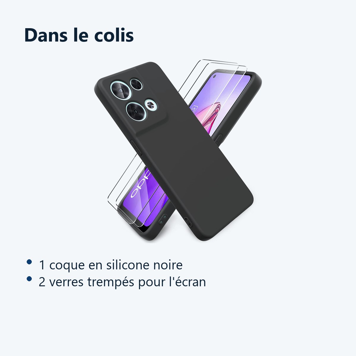 Contenu du colis – Coque Silicone Couleur Noire + 2 Verres Trempes Pour Oppo Reno 8 5G