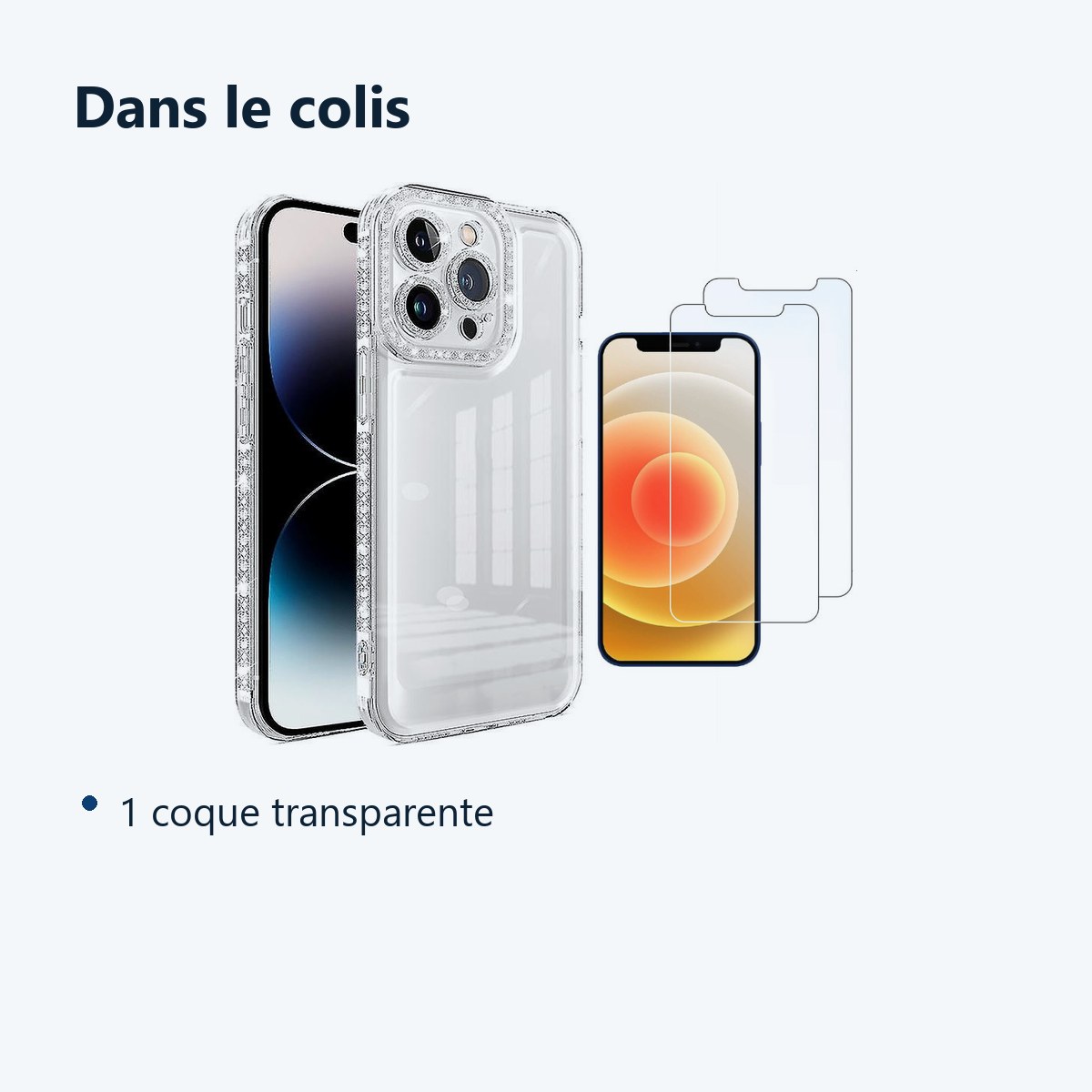 Contenu du colis – Coque Silicone Antichoc Transparente Strass + 2 Vitres Protection Ecran Pour Apple iPhone 12 Pro