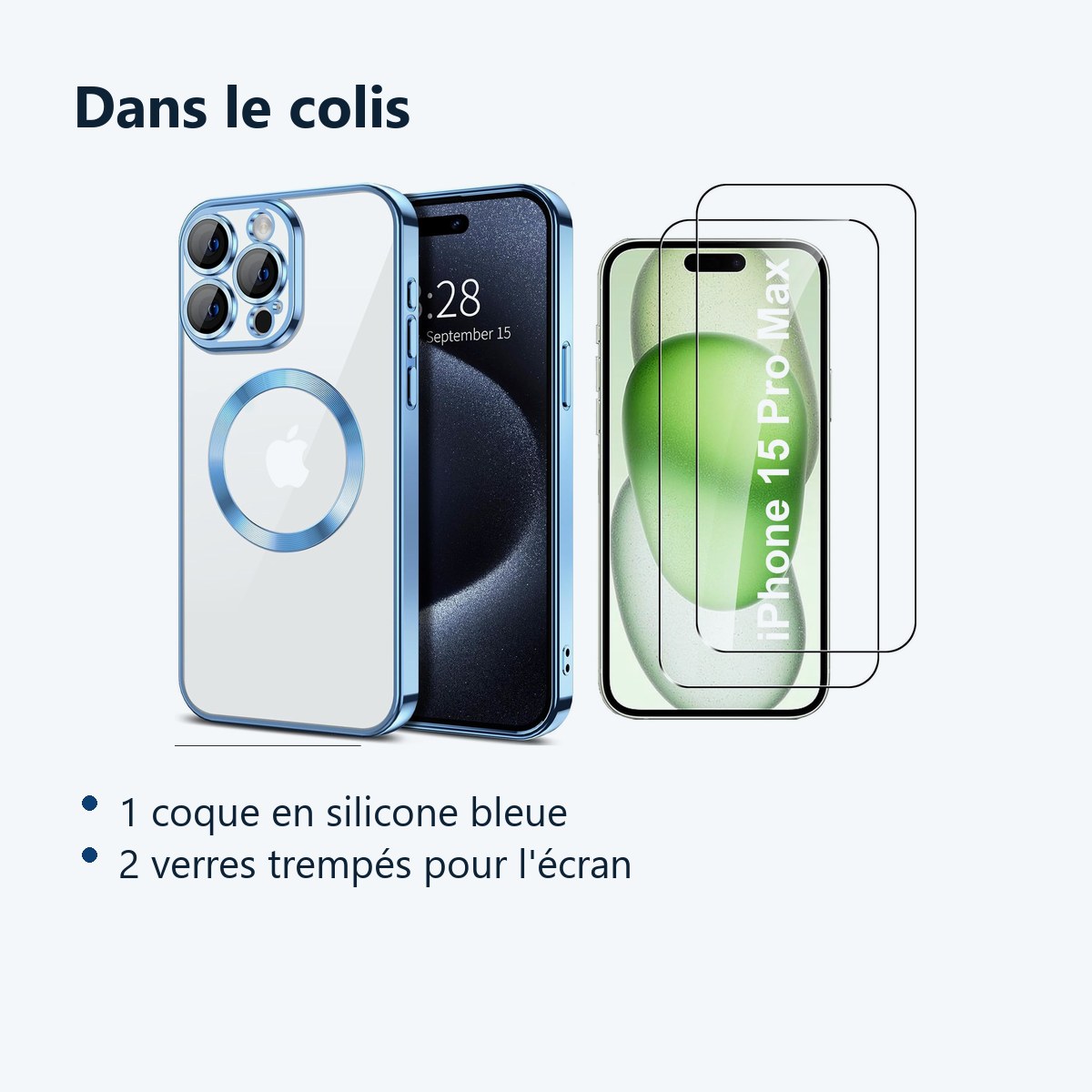 Contenu du colis – Coque Silicone Pour iPhone 15 Pro Max Couleur Bleu Compatible Magsafe + 2 Verres Trempe Protection Ecran