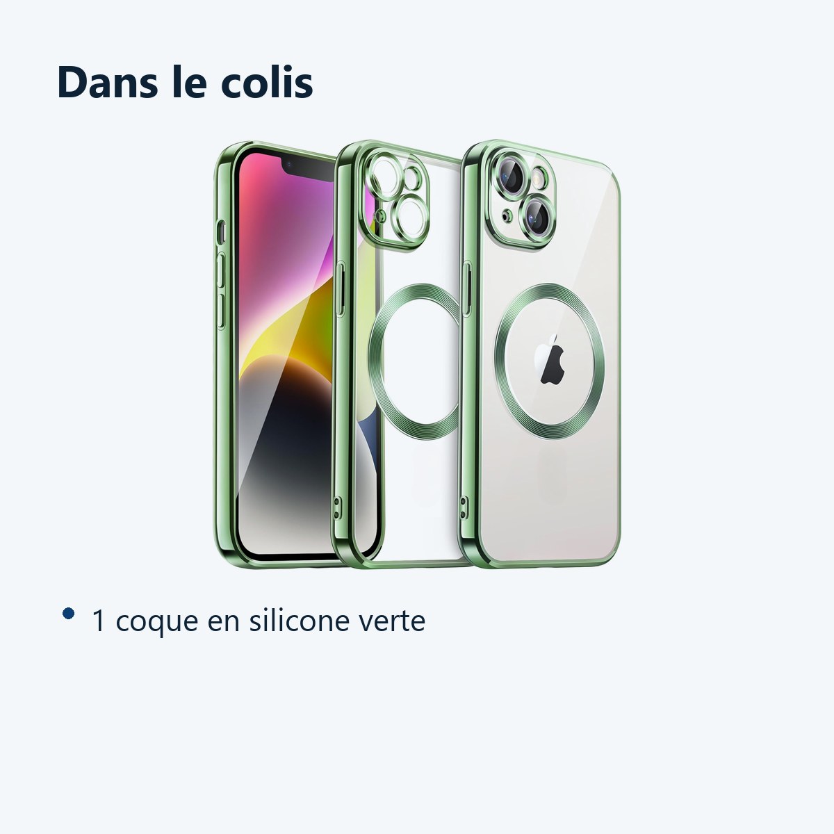 Contenu du colis – Coque Silicone Pour iPhone 14 Plus Couleur Vert Compatible Magsafe