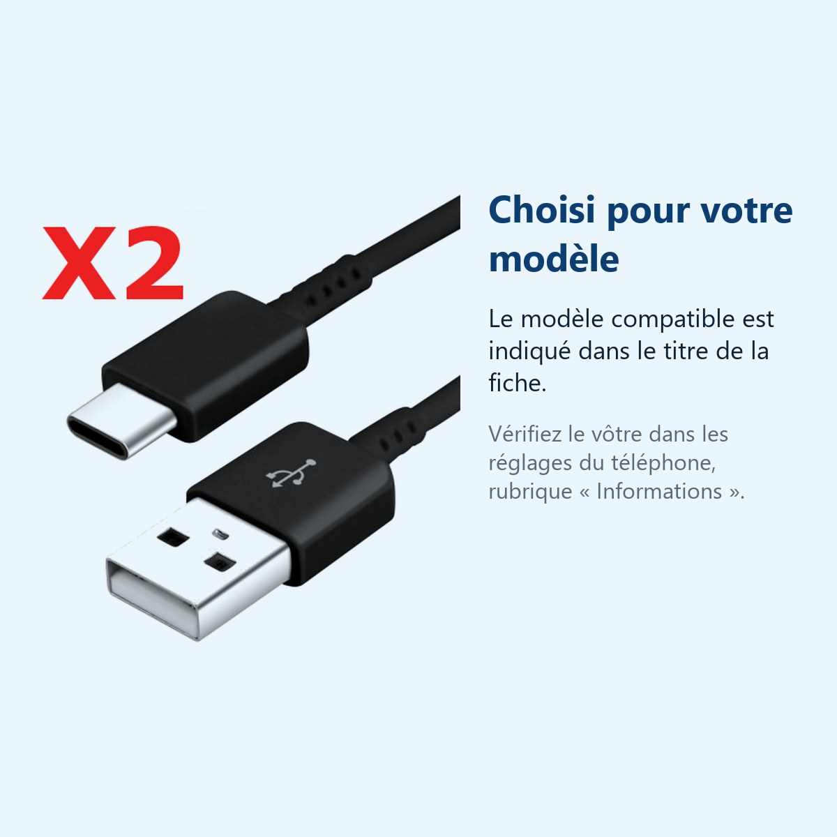 Accessoire ajusté au modèle exact – Cable Usb / Type C Noir Lots de 2 Pour Samsung Sony LG Wiko Huawei HTC Nokia Asus Archos