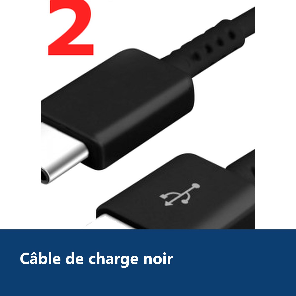 Vue de détail – Cable Usb / Type C Noir Lots de 2 Pour Samsung Sony LG Wiko Huawei HTC Nokia Asus Archos TEENO