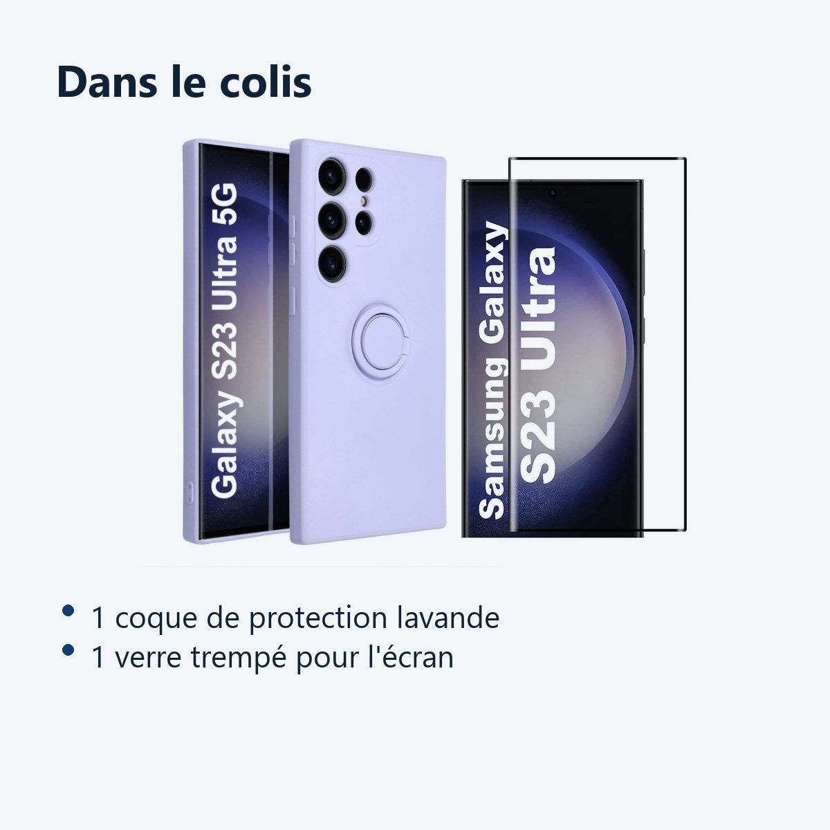 Contenu du colis – Coque avec Anneau Support Lavande pour Samsung Galaxy S23 Ultra + Verre Trempé –