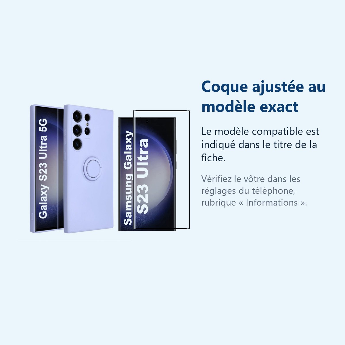 Accessoire ajusté au modèle exact – Coque avec Anneau Support Lavande pour Samsung Galaxy S23 Ultra + Verre Trempé –