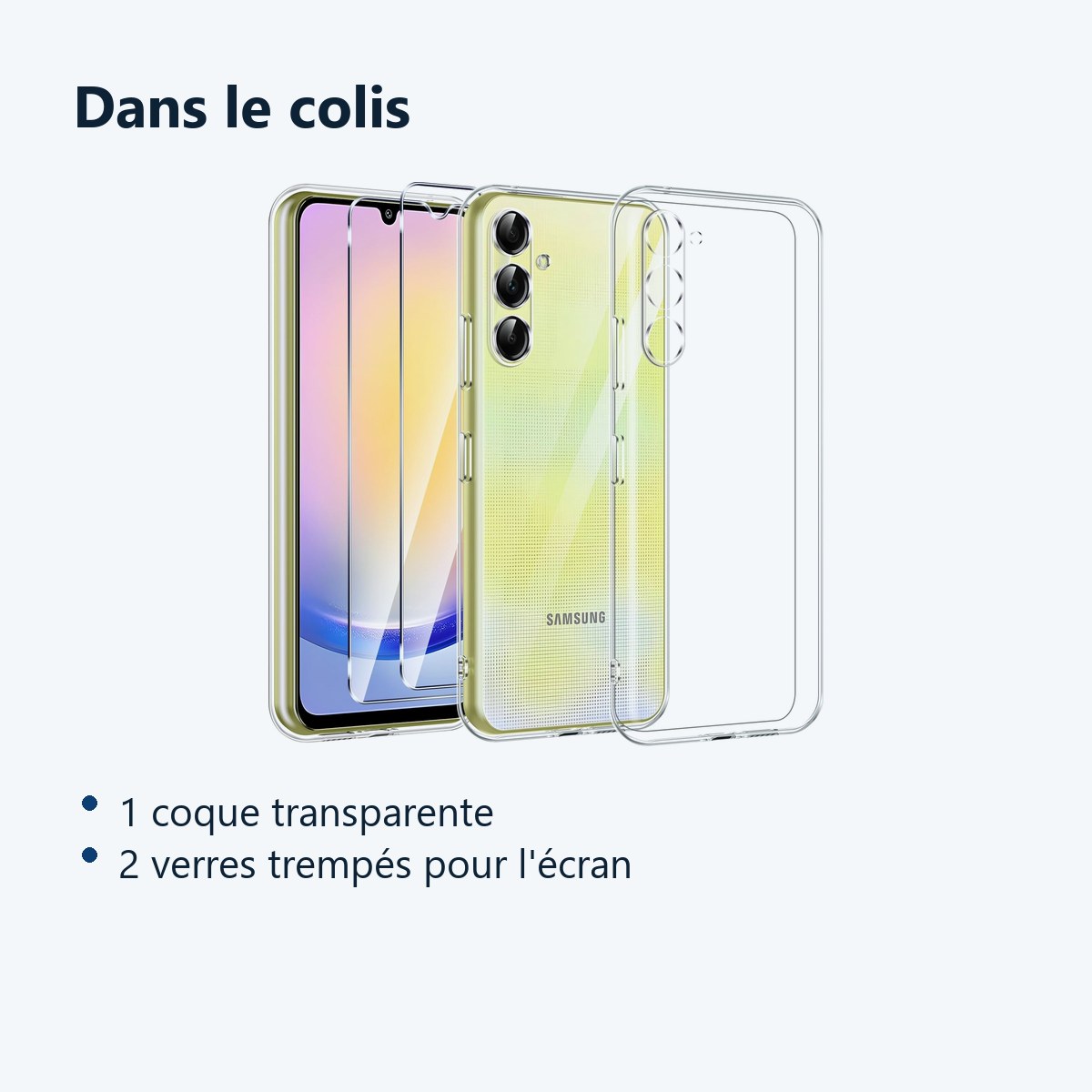 Contenu du colis – Coque Silicone Transparente + 2 Verres Trempes Pour Samsung Galaxy A25 5G