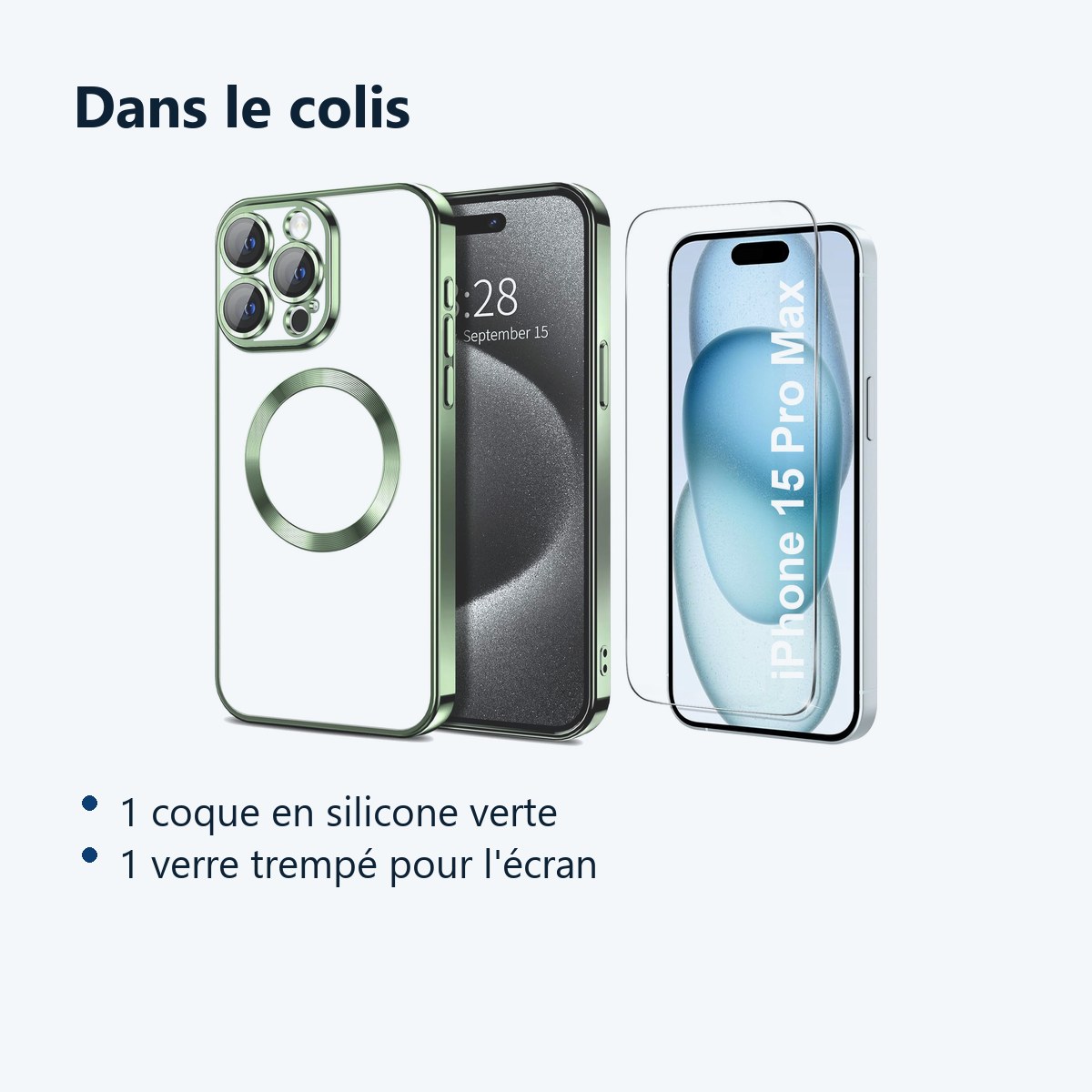 Contenu du colis – Coque Silicone Pour iPhone 15 Pro Max Couleur Vert Compatible Magsafe + Verre Trempe Protection Ecran