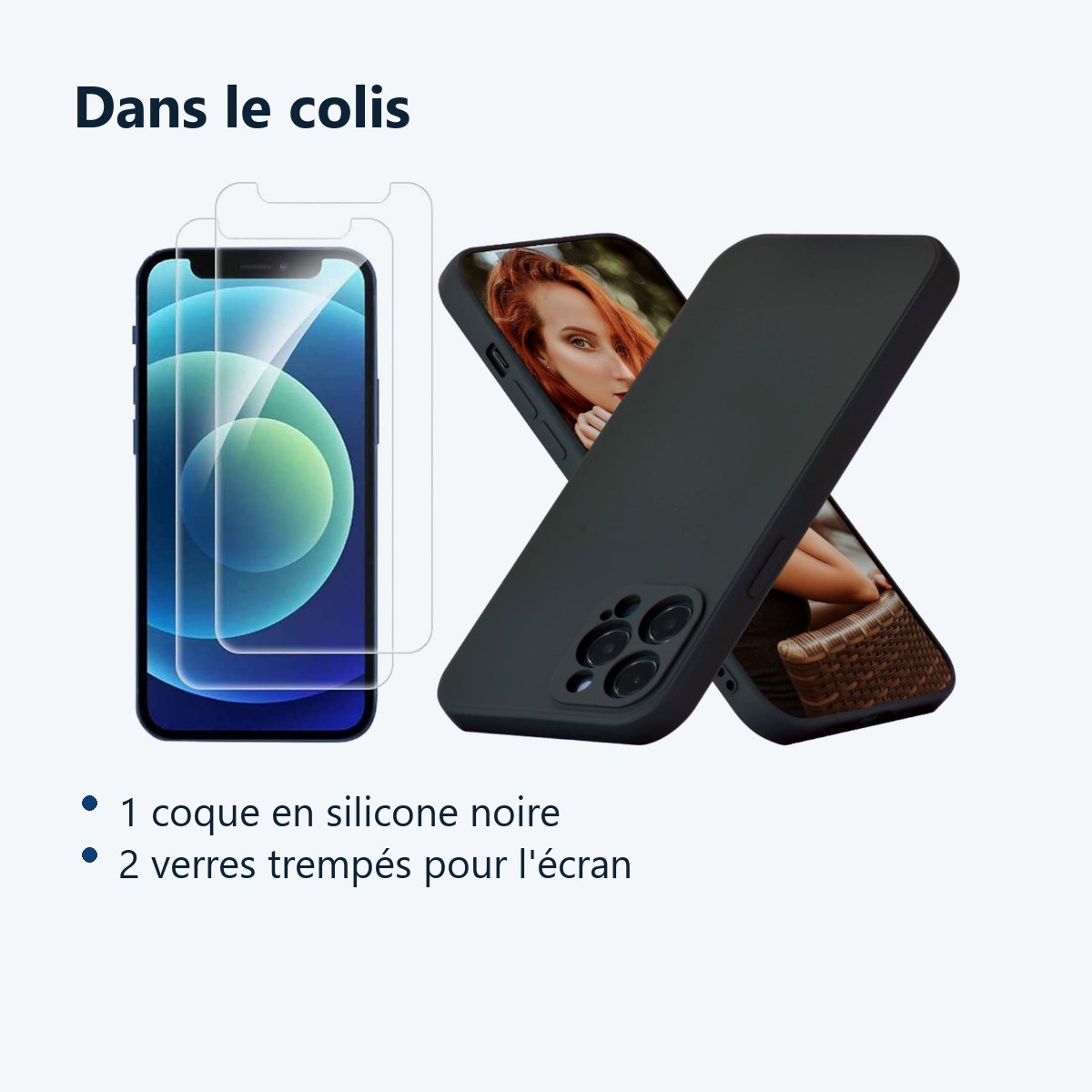 Contenu du colis – Coque Silicone Couleur Noire + 2 Verres Trempes Pour iPhone 12 Pro Max
