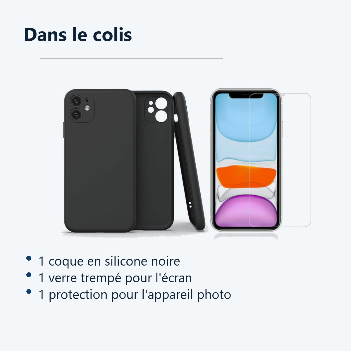 Contenu du colis – Coque Silicone Pour iPhone 13 Couleur Noir Protection Objectif Appareil Photo + Verre Trempe Protection E