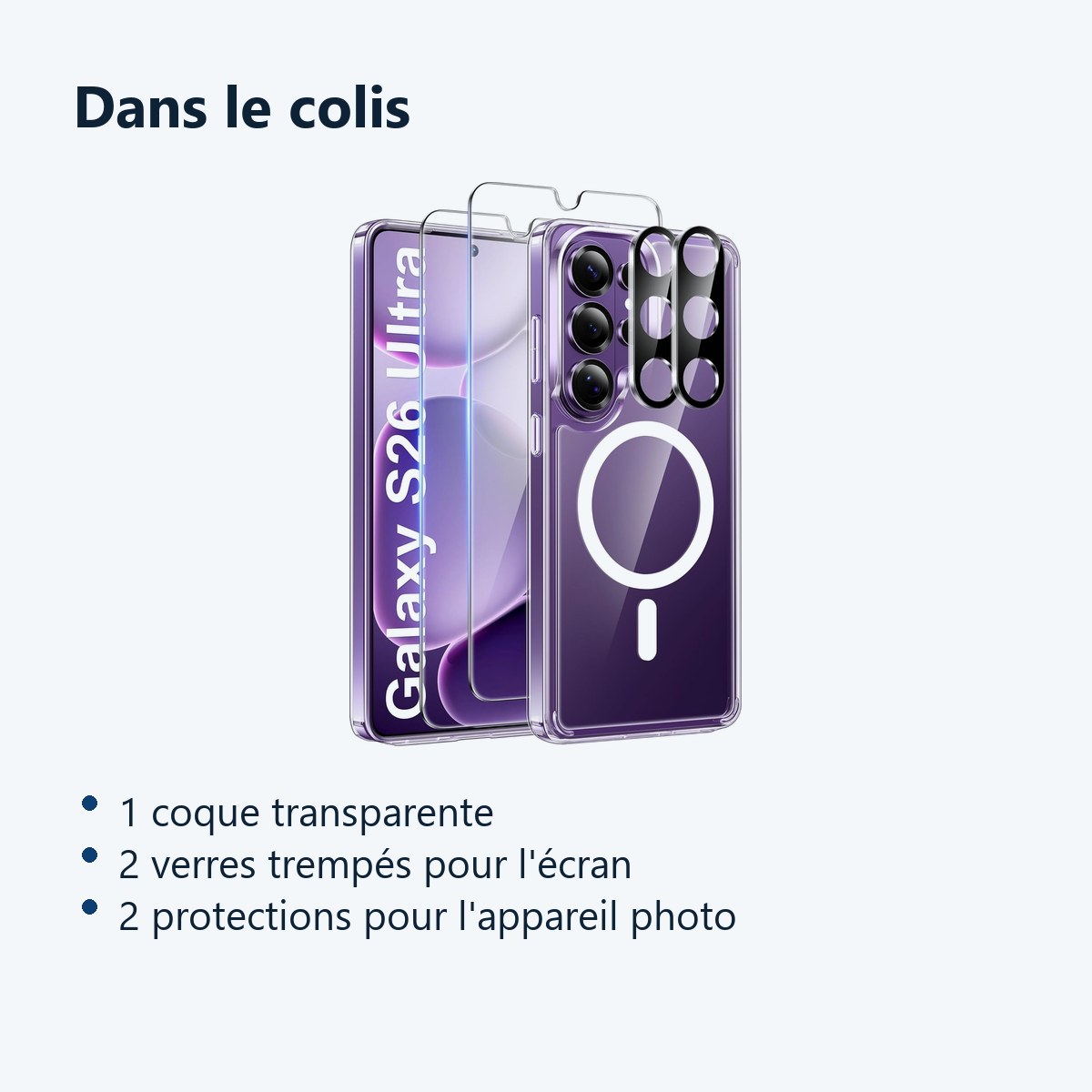 Contenu du colis – Coque Silicone Transparente Compatible Magsafe + Verres Trempes et Protections Camera Arriere X2 Pour Sams