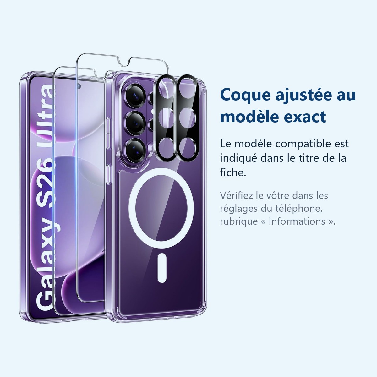 Accessoire ajusté au modèle exact – Coque Silicone Transparente Compatible Magsafe + Verres Trempes et Protections Camera Arr