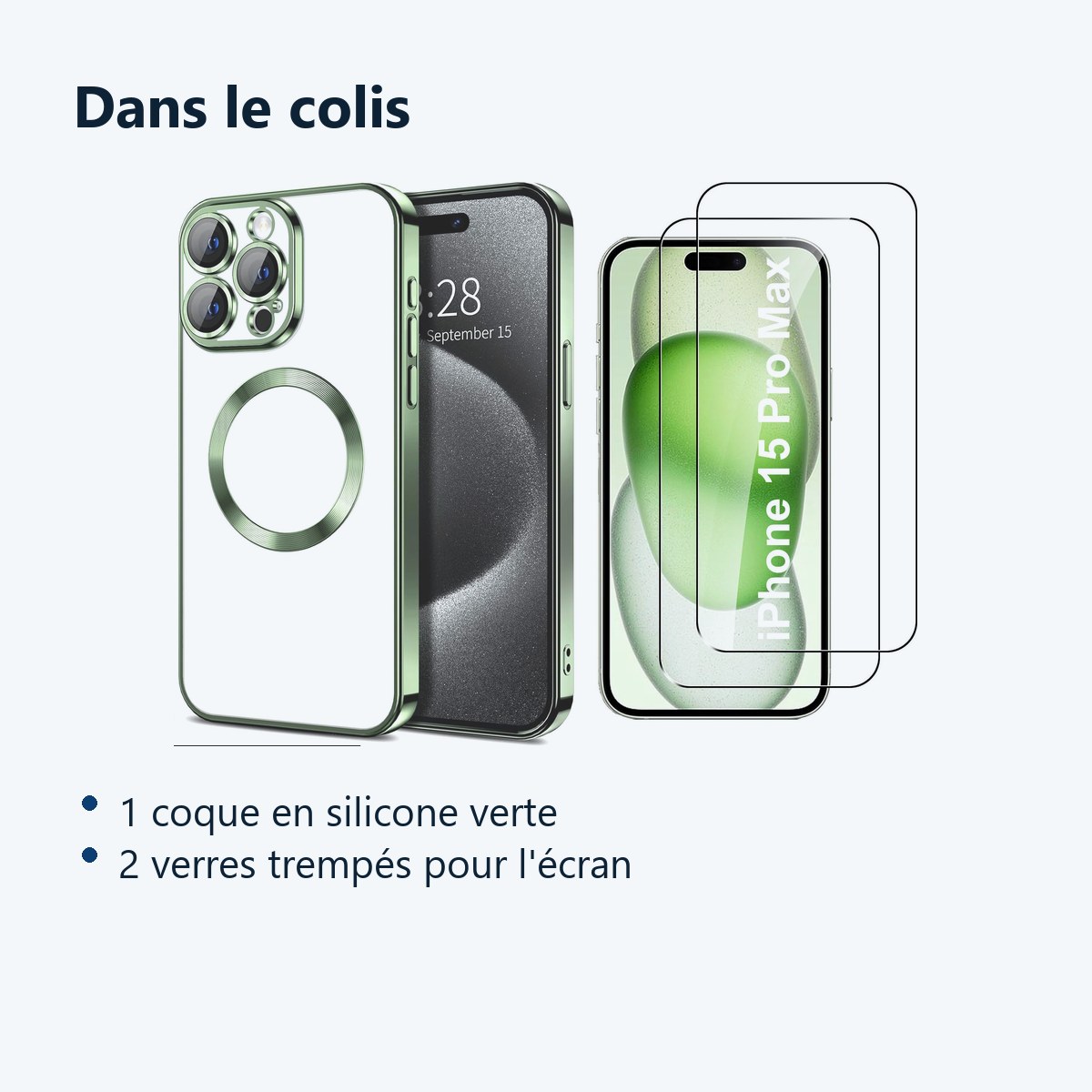 Contenu du colis – Coque Silicone Pour iPhone 15 Pro Max Couleur Vert Compatible Magsafe + 2 Verres Trempe Protection Ecran