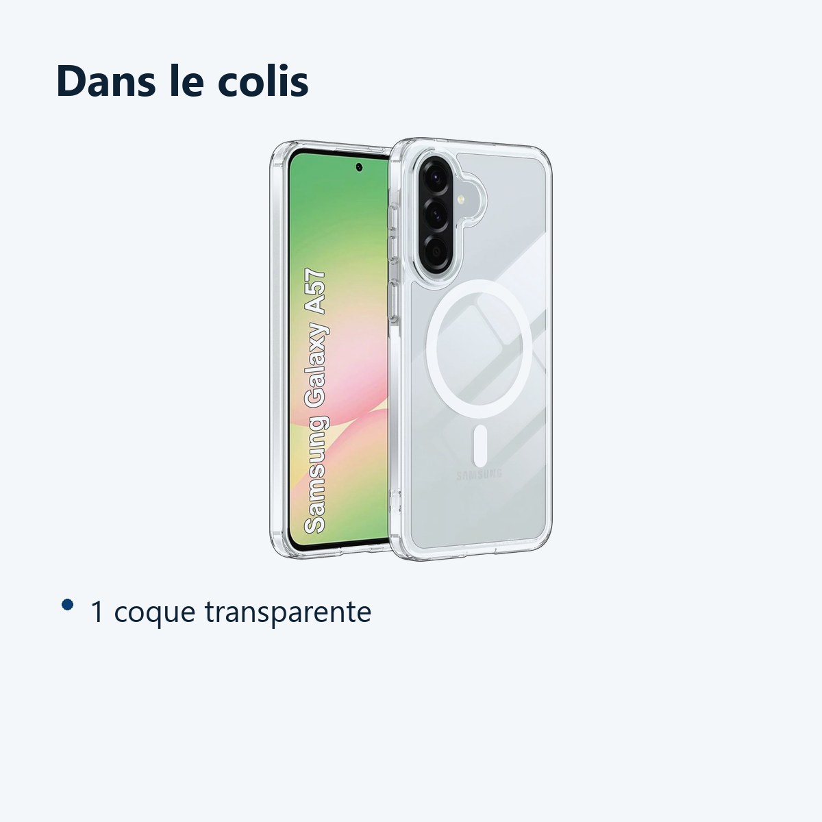 Contenu du colis – Coque MagSafe Transparente pour Samsung Galaxy A57 –