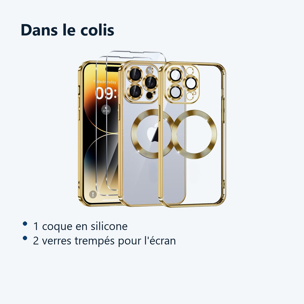 Contenu du colis – Coque Silicone Pour iPhone 14 Pro Max Couleur Or Compatible Magsafe + 2 Verres Trempe Protection Ecran