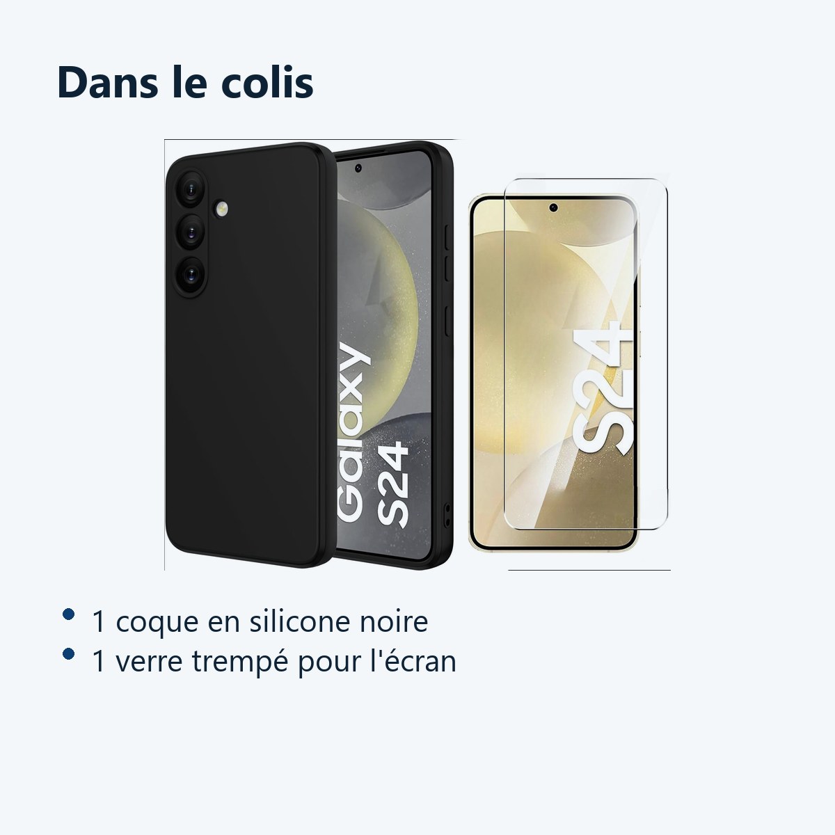 Contenu du colis – Coque Pour Samsung Galaxy S24 Silicone Noir + Verre Trempe