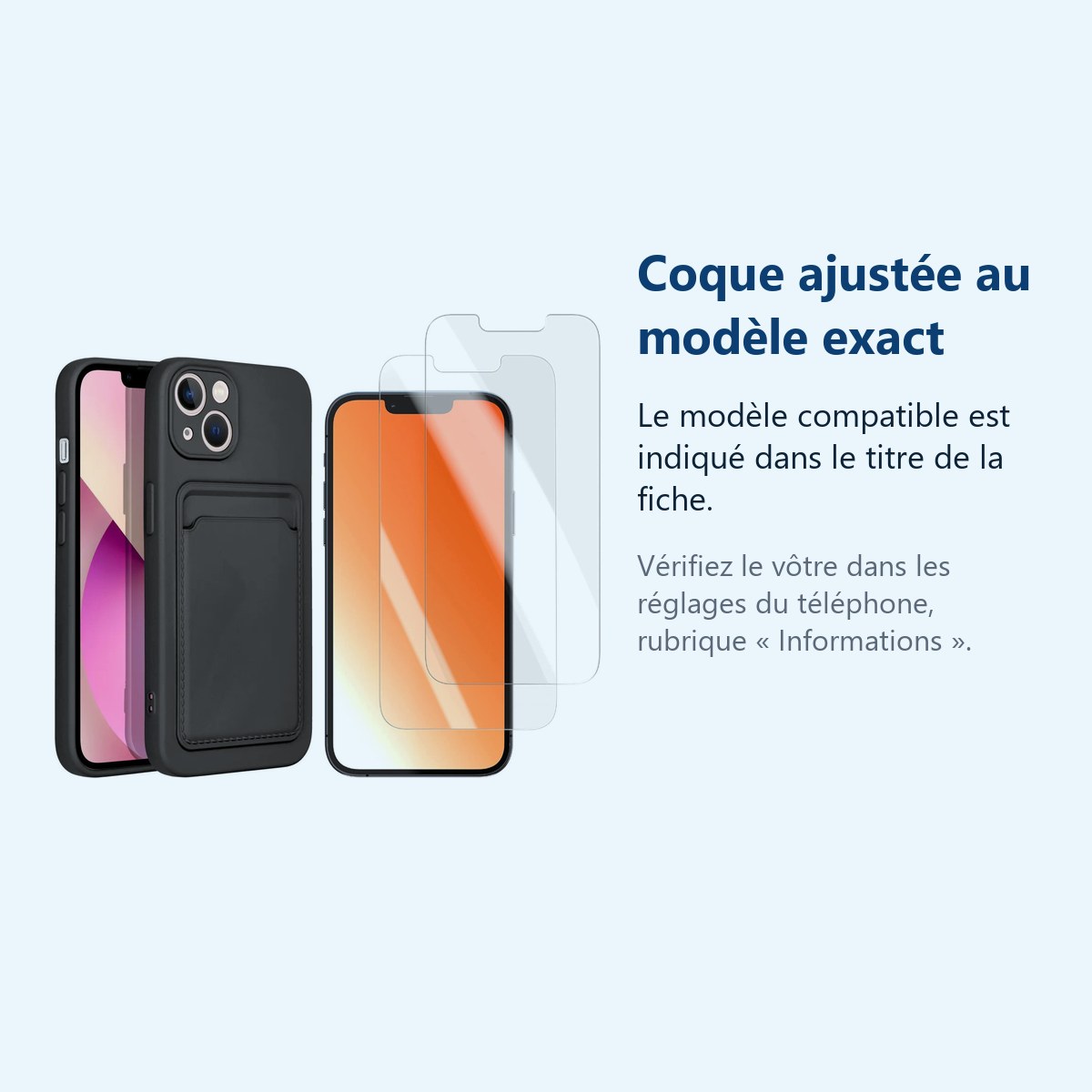 Accessoire ajusté au modèle exact – Coque Silicone Porte Carte Noir + 2 Verres Trempes Pour iPhone 13