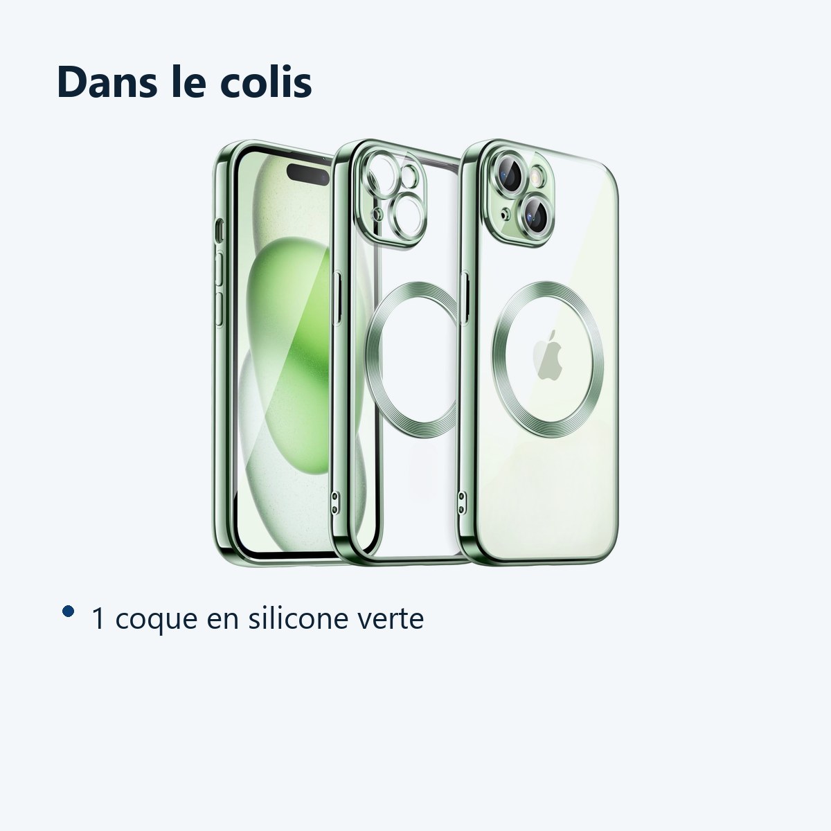 Contenu du colis – Coque Silicone Pour iPhone 15 Plus Couleur Vert Compatible Magsafe