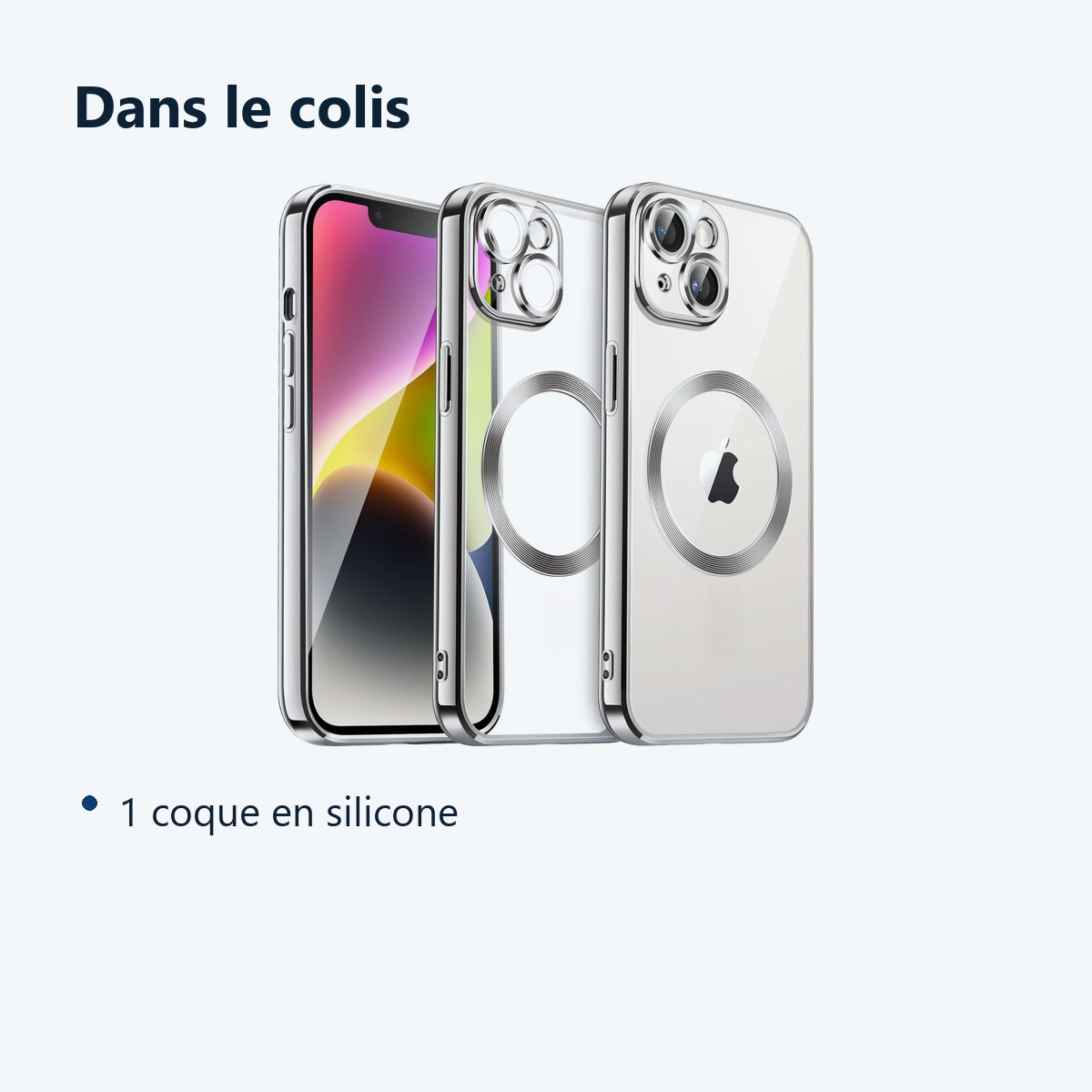 Contenu du colis – Coque Silicone Pour iPhone 14 Plus Couleur Argent Compatible Magsafe