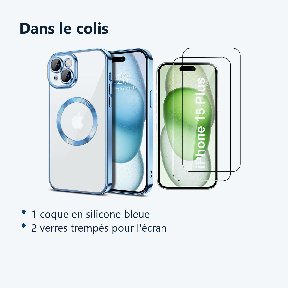 Contenu du colis – Coque Silicone Pour iPhone 15 Plus Couleur Bleu Compatible Magsafe + 2 Verres Trempe Protection Ecran