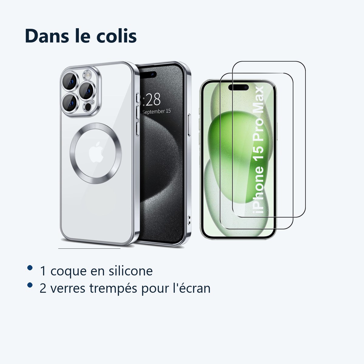 Contenu du colis – Coque Silicone Pour iPhone 15 Pro Max Couleur Argent Compatible Magsafe + 2 Verres Trempe Protection Ecran