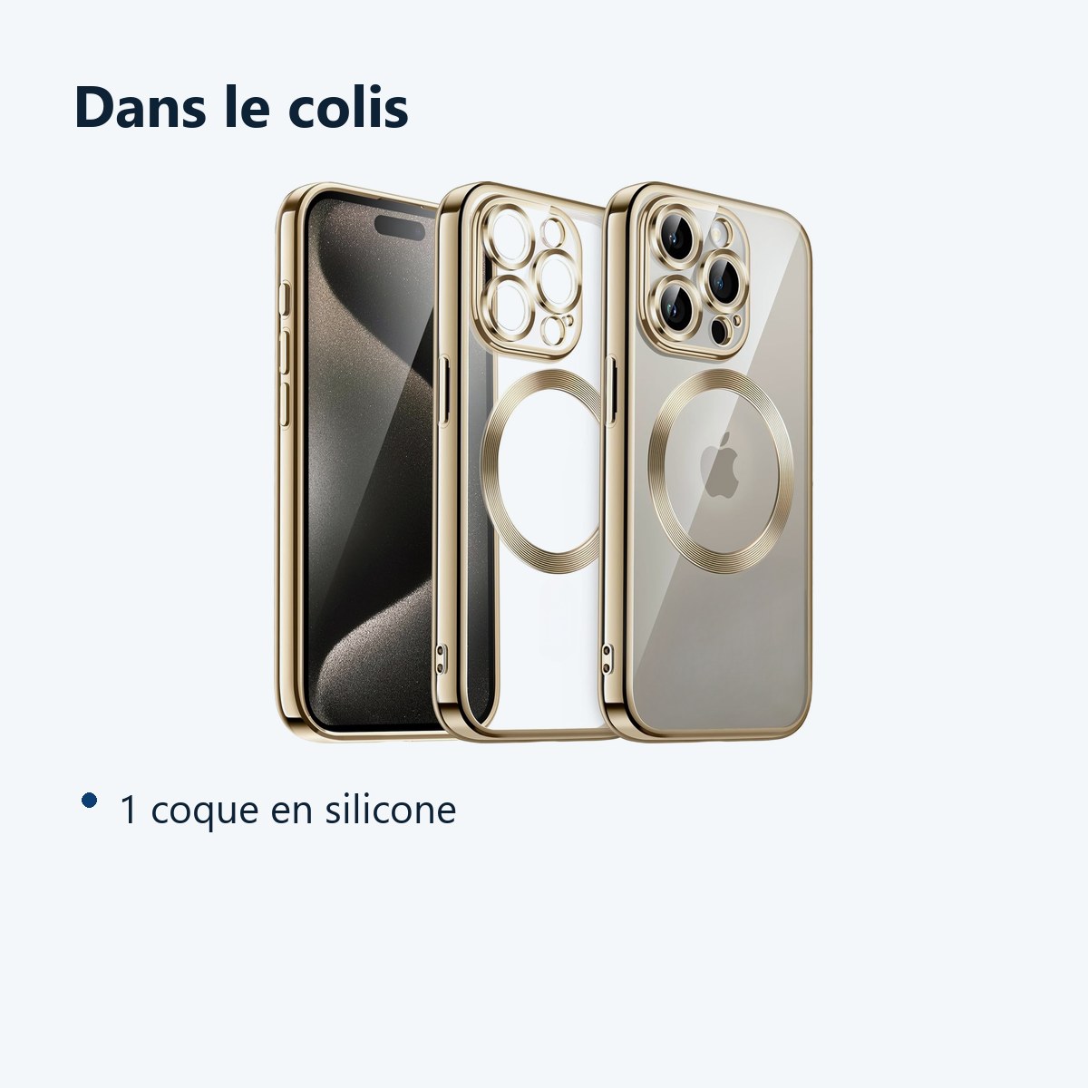 Contenu du colis – Coque Silicone Pour iPhone 15 Pro Max Couleur Or Compatible Magsafe