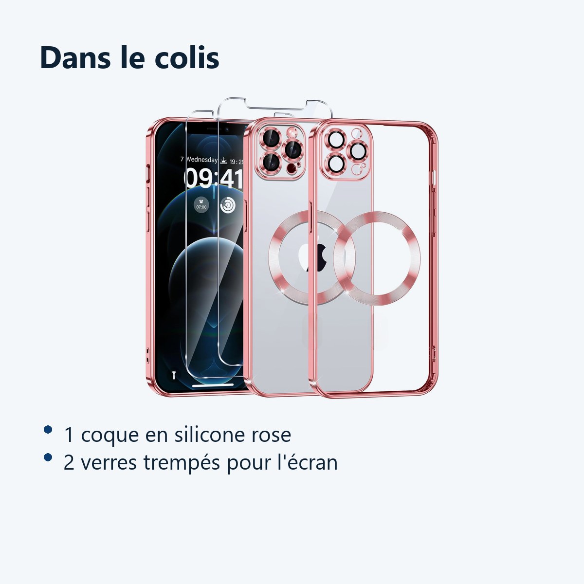 Contenu du colis – Coque Silicone Pour iPhone 14 Plus Couleur Rose Compatible Magsafe + 2 Verres Trempe Protection Ecran