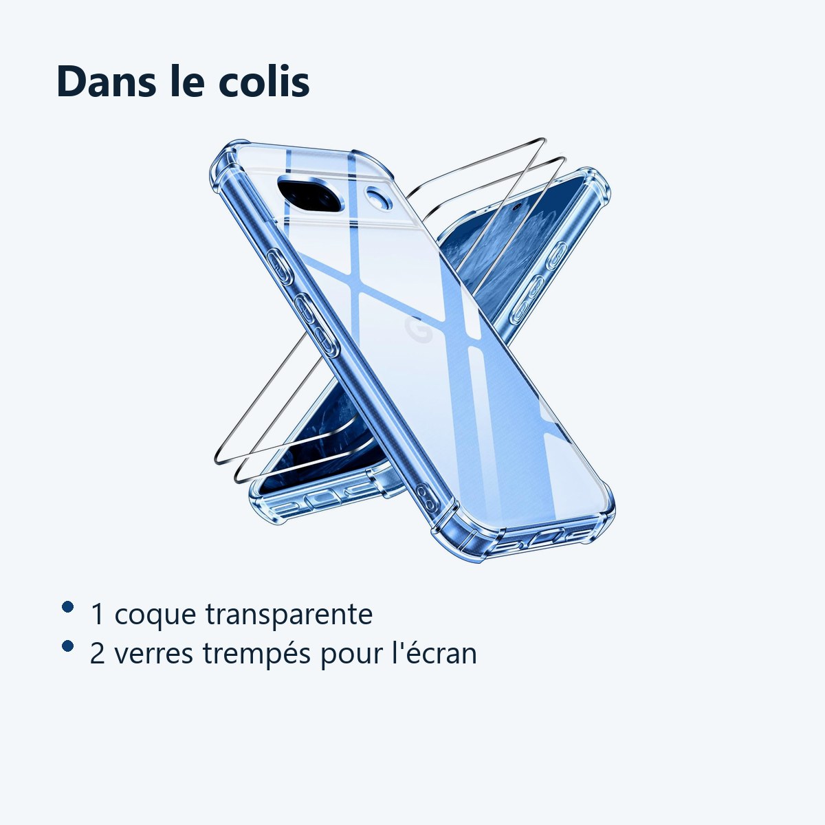 Contenu du colis – Coque Pour Google Pixel 8a Silicone Transparente Angles Renforces + 2 Verres Trempes