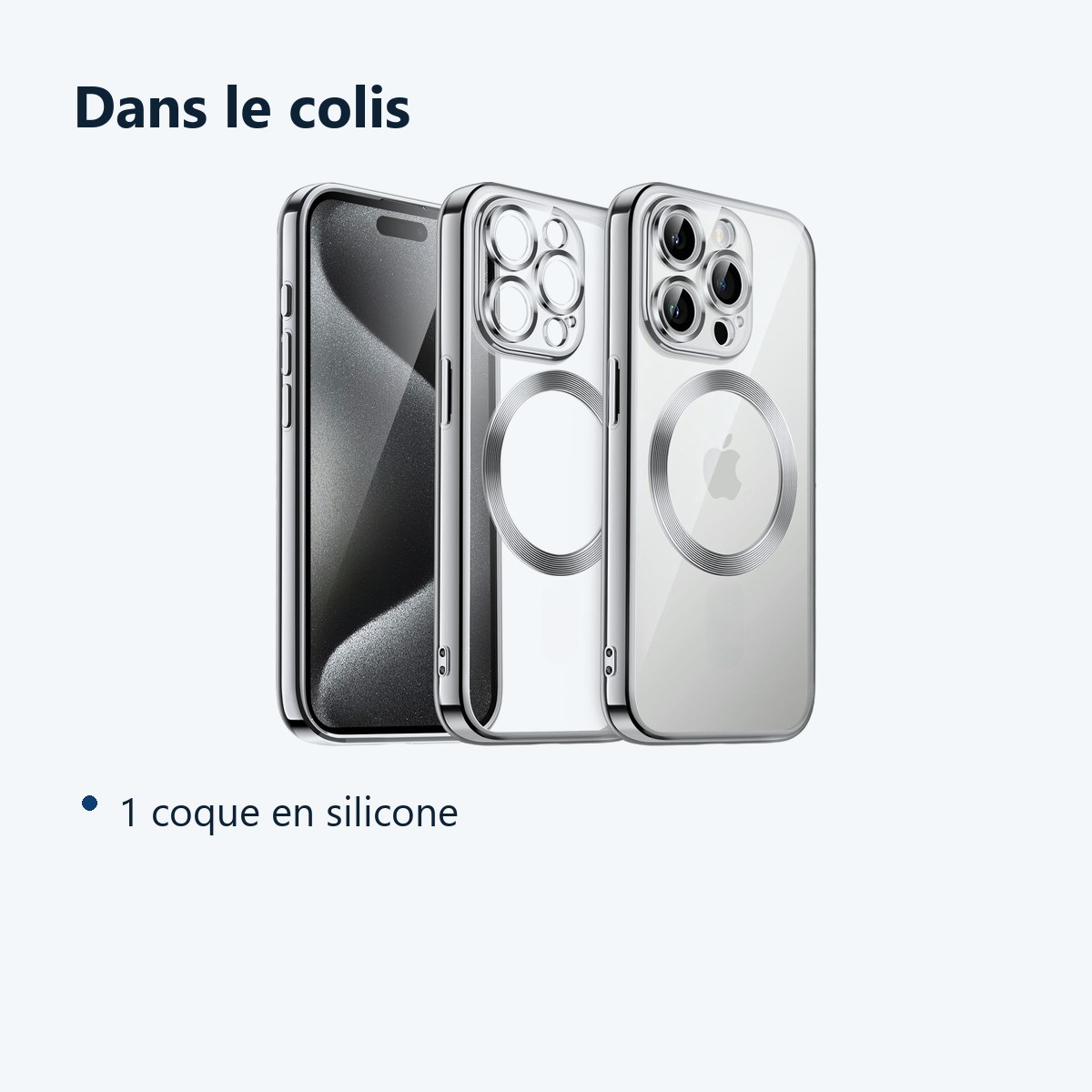 Contenu du colis – Coque Silicone Pour iPhone 15 Pro Max Couleur Argent Compatible Magsafe