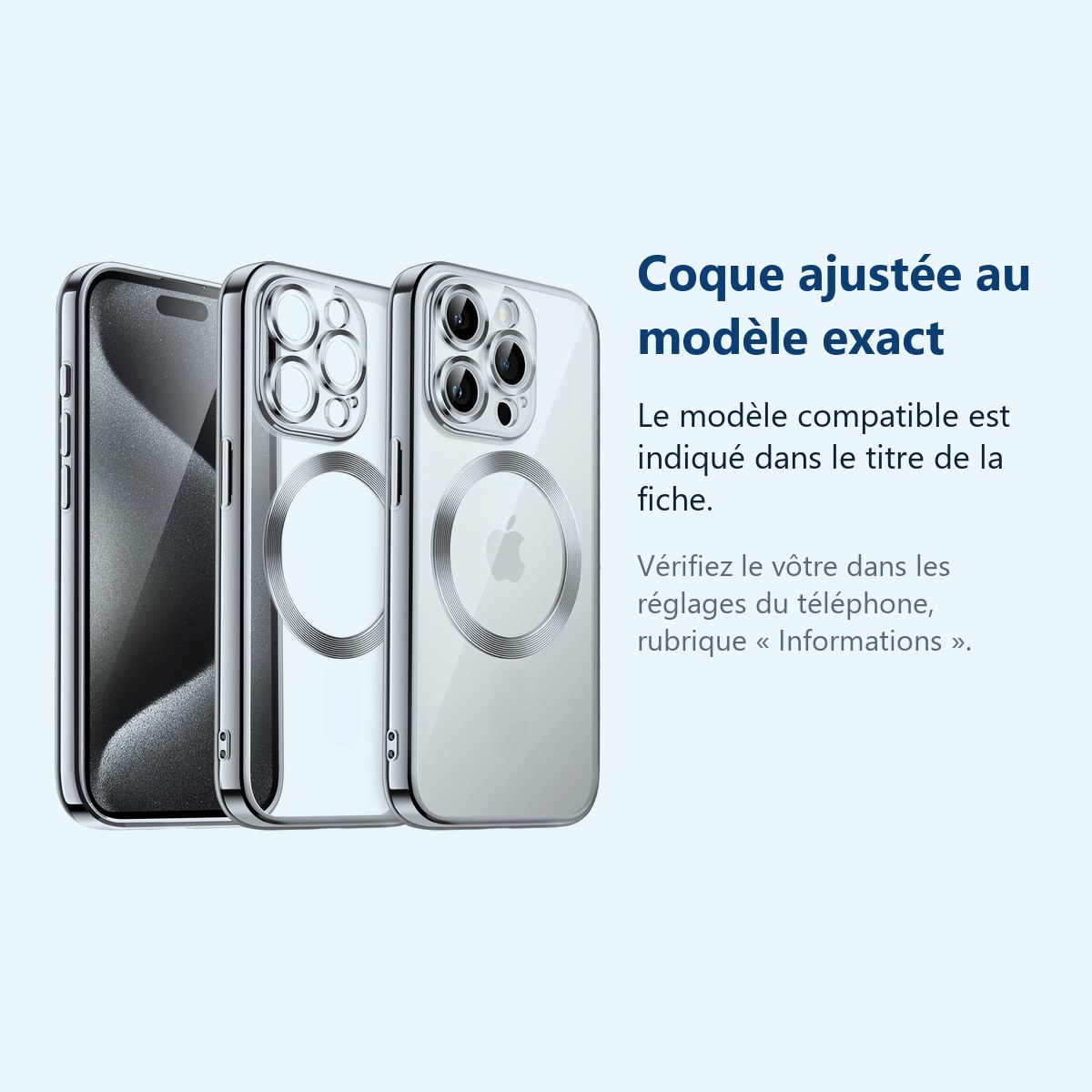 Accessoire ajusté au modèle exact – Coque Silicone Pour iPhone 15 Pro Max Couleur Argent Compatible Magsafe