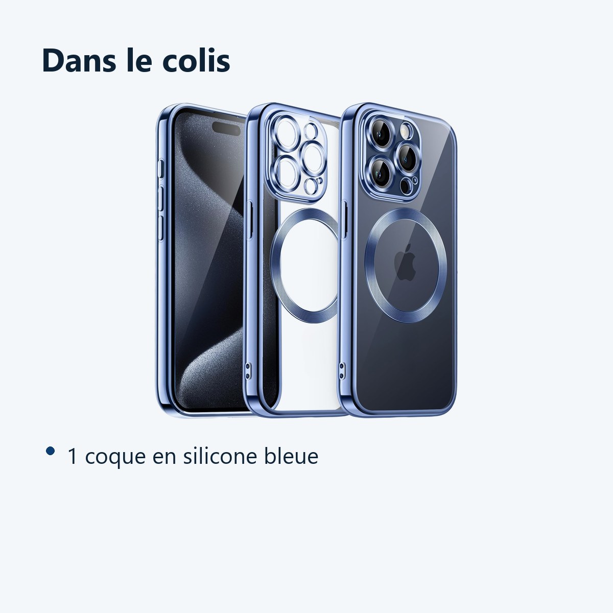 Contenu du colis – Coque Silicone Pour iPhone 15 Pro Max Couleur Bleu Compatible Magsafe