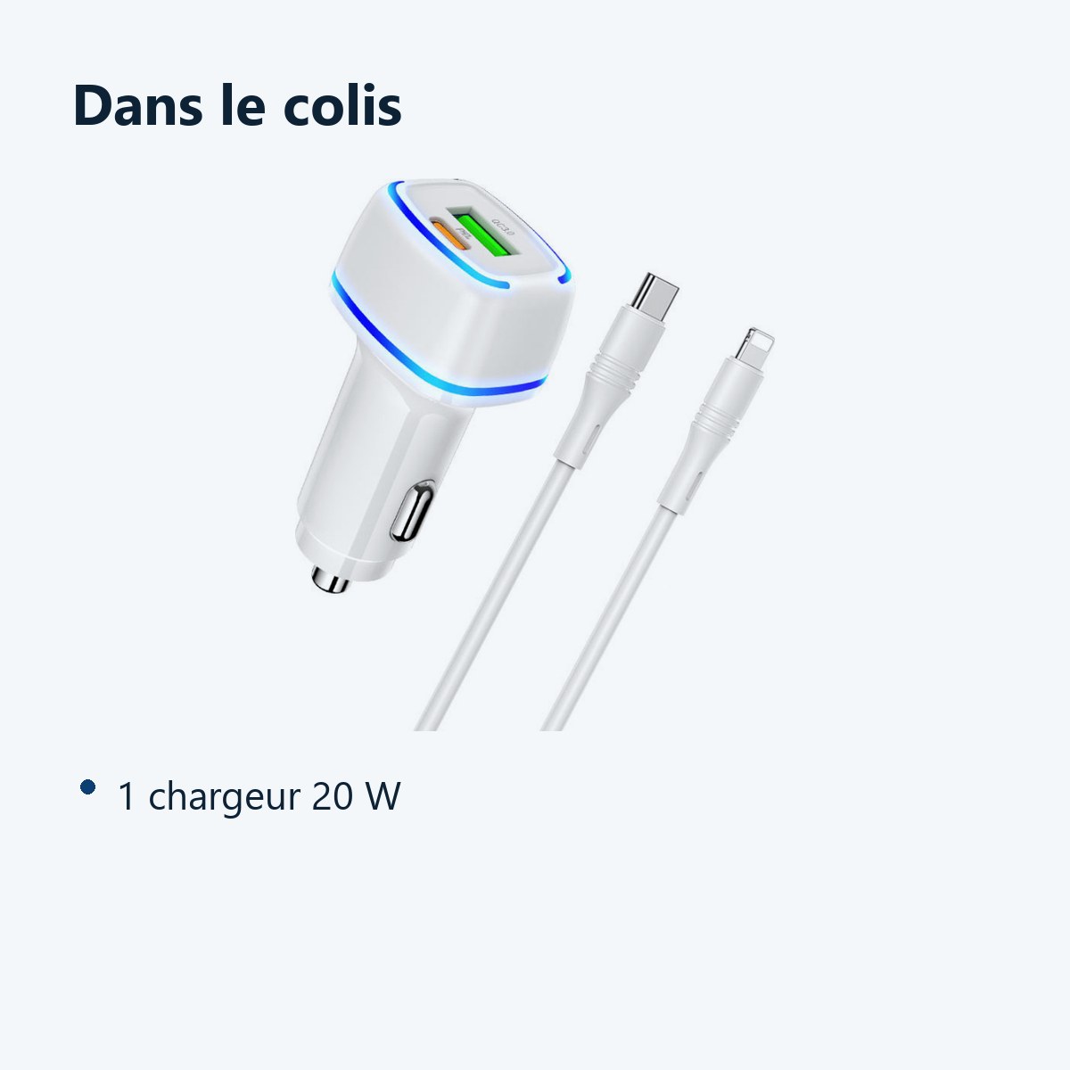 Contenu du colis – Chargeur voiture USB + Type C - QC 3.0 PD 20W 3A pour iPhone X / Xr / 11 / 12 / 13