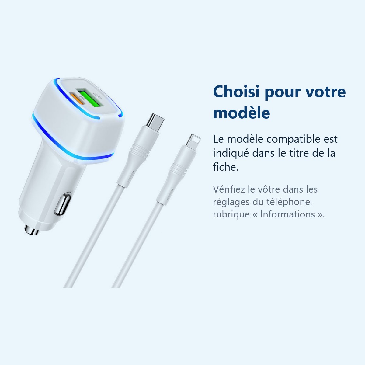 Accessoire ajusté au modèle exact – Chargeur voiture USB + Type C - QC 3.0 PD 20W 3A pour iPhone X / Xr / 11 / 12 / 13