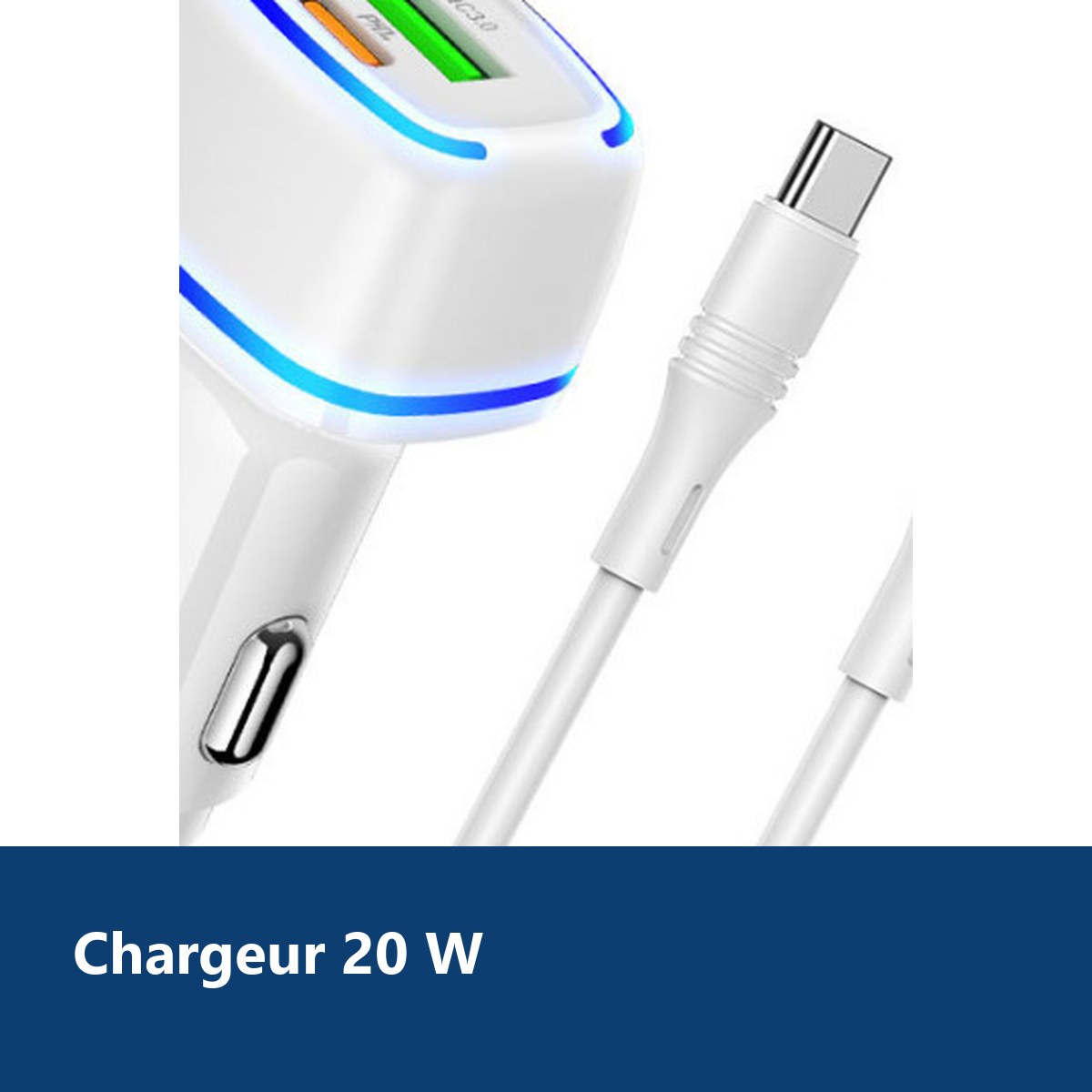 Vue de détail – Chargeur voiture USB + Type C - QC 3.0 PD 20W 3A pour iPhone X / Xr / 11 / 12 / 13
