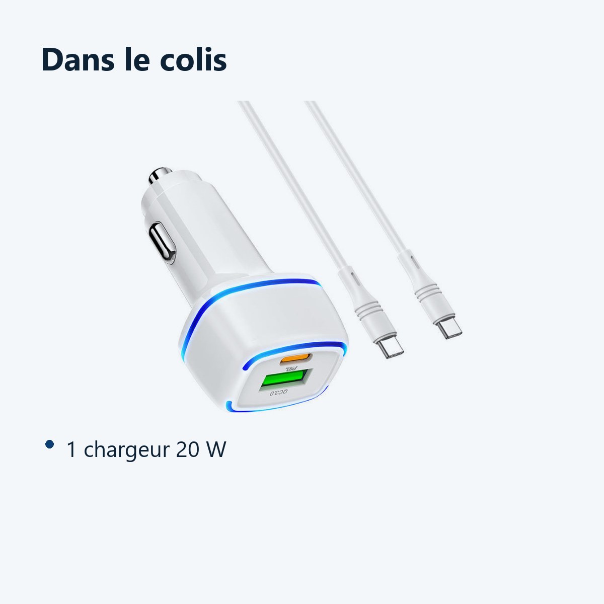 Contenu du colis – Chargeur voiture USB + Type C - QC 3.0 PD 20W 3A pour Samsung A13 / A53 / S21 / S22 / Plus / Ultra